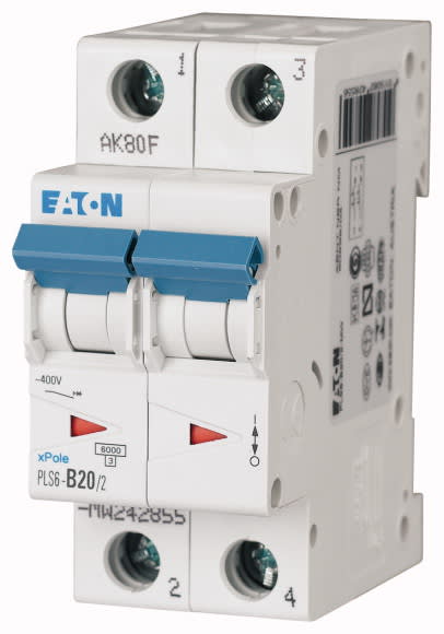 Eaton Industries France SAS - Disjoncteur modulaire PLS6, 2P, 20A ,6kA (EN 60898), courbe C