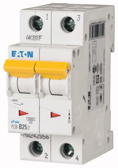 Eaton Industries France SAS - Disjoncteur modulaire PLS6, 2P, 25A ,6kA (EN 60898), courbe D