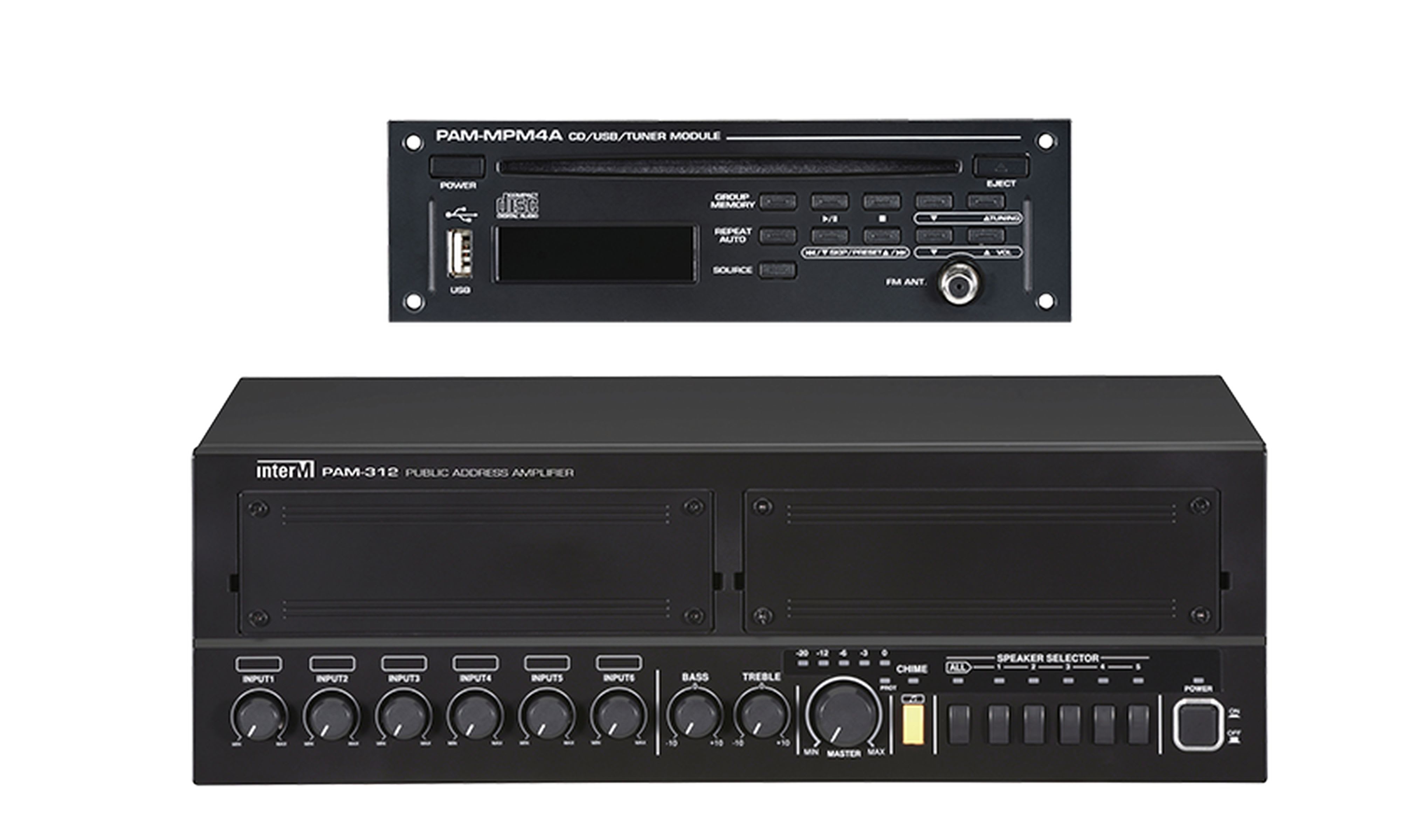Majorcom - Kit ampli-préampli PAM-312 (120W 5 zones) + PAM-MPM4 (CD/MP3/USB/Tuner)