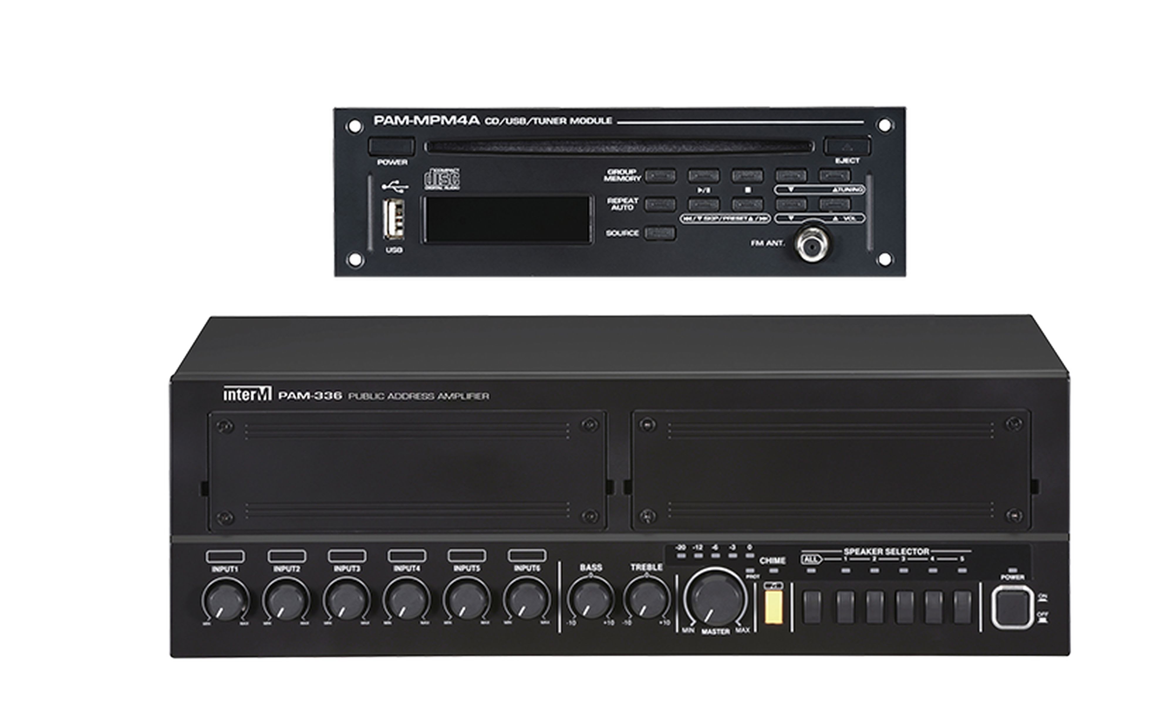 Majorcom - Kit ampli-préampli PAM-336 (360W 5 zones) + PAM-MPM4 (CD/MP3/USB/Tuner)