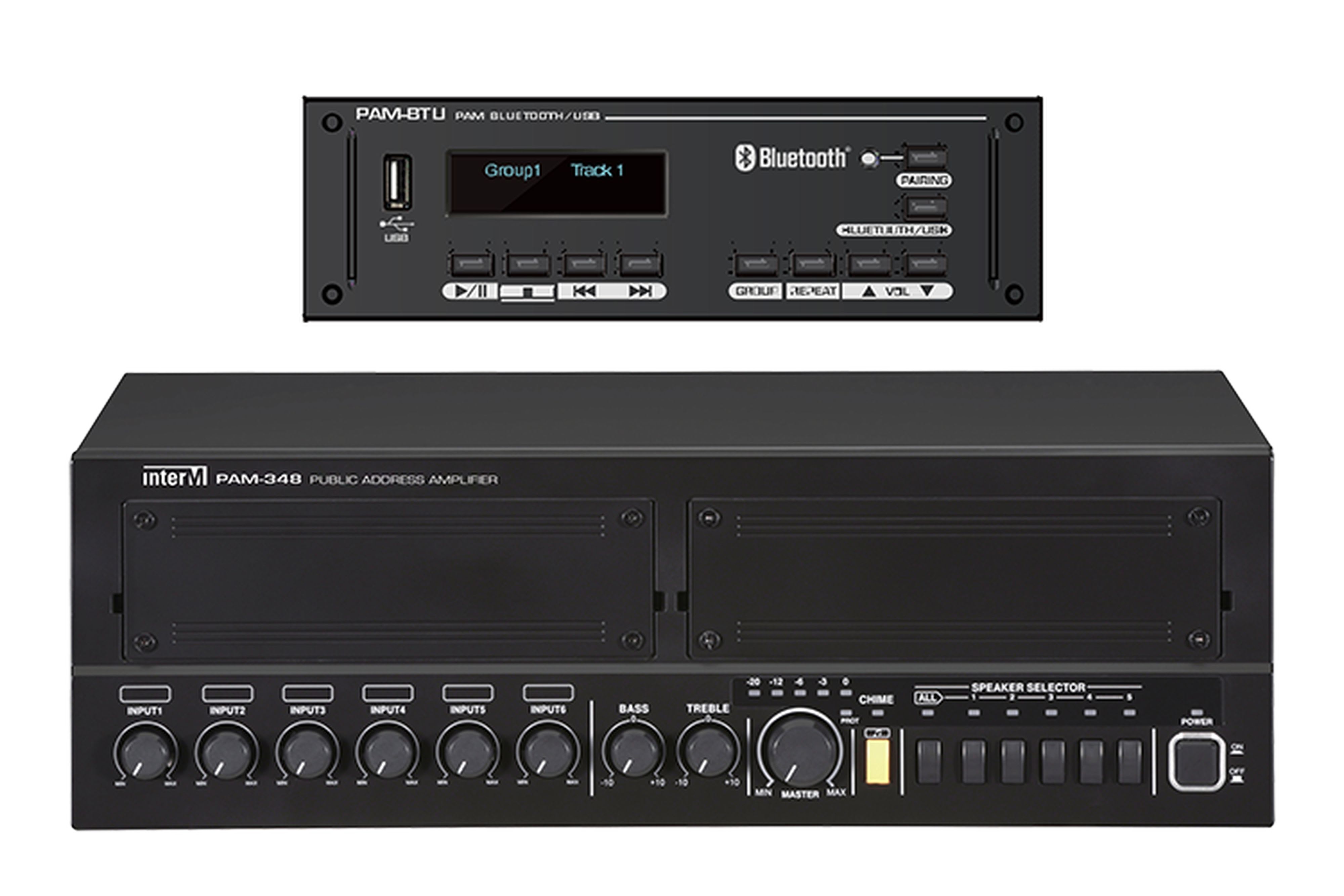 Majorcom - Kit ampli-préampli PAM-348 (480W 5 zones) + PAM-BTU (Bluetooth/USB)