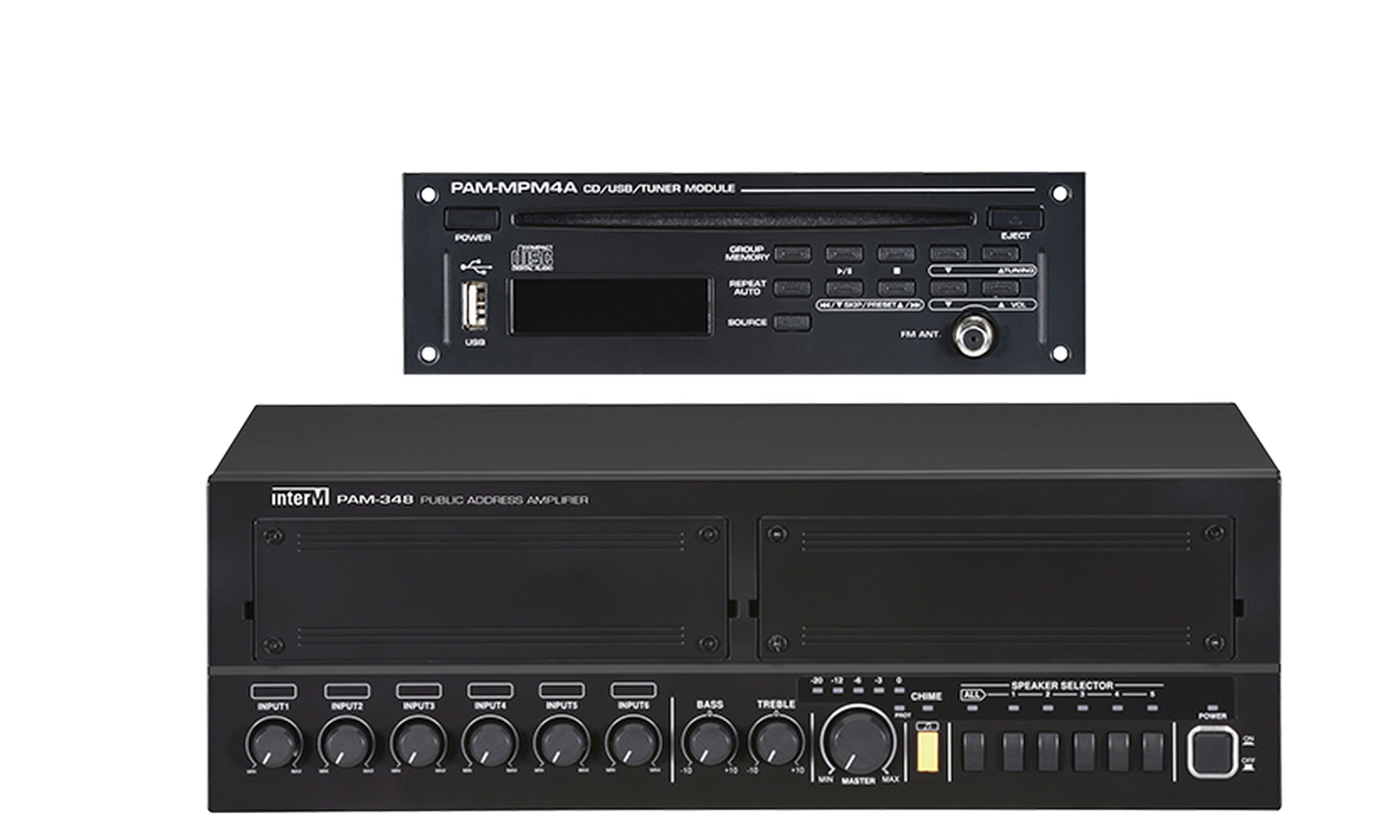 Majorcom - Kit ampli-préampli PAM-348 (480W 5 zones) + PAM-MPM4 (CD/MP3/USB/Tuner)
