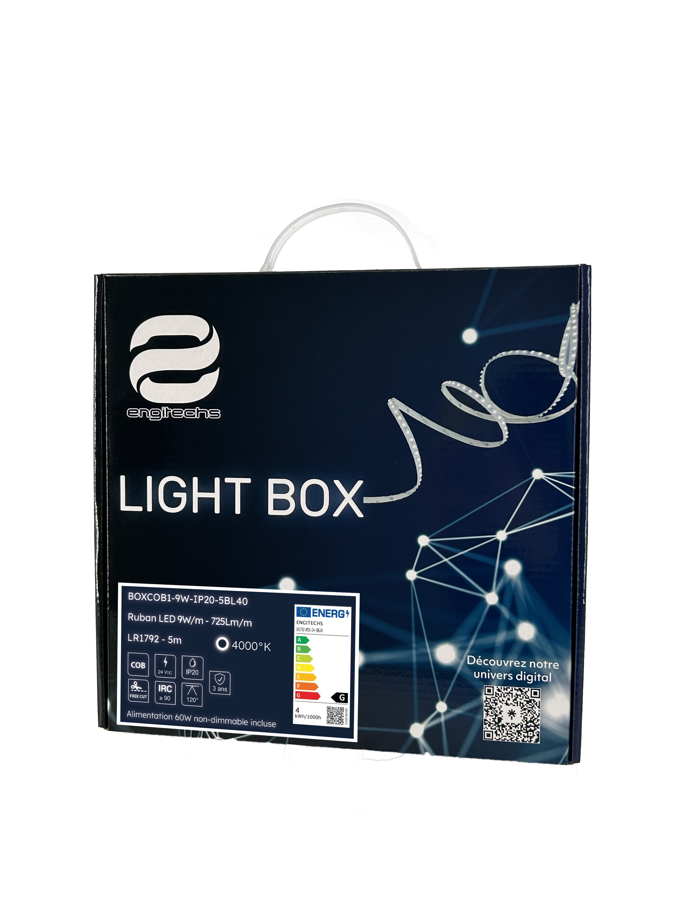ENGITECHS - BOX RUBAN LED COB 9W/M IP20 4000K 5M + ALIM 60W 24V