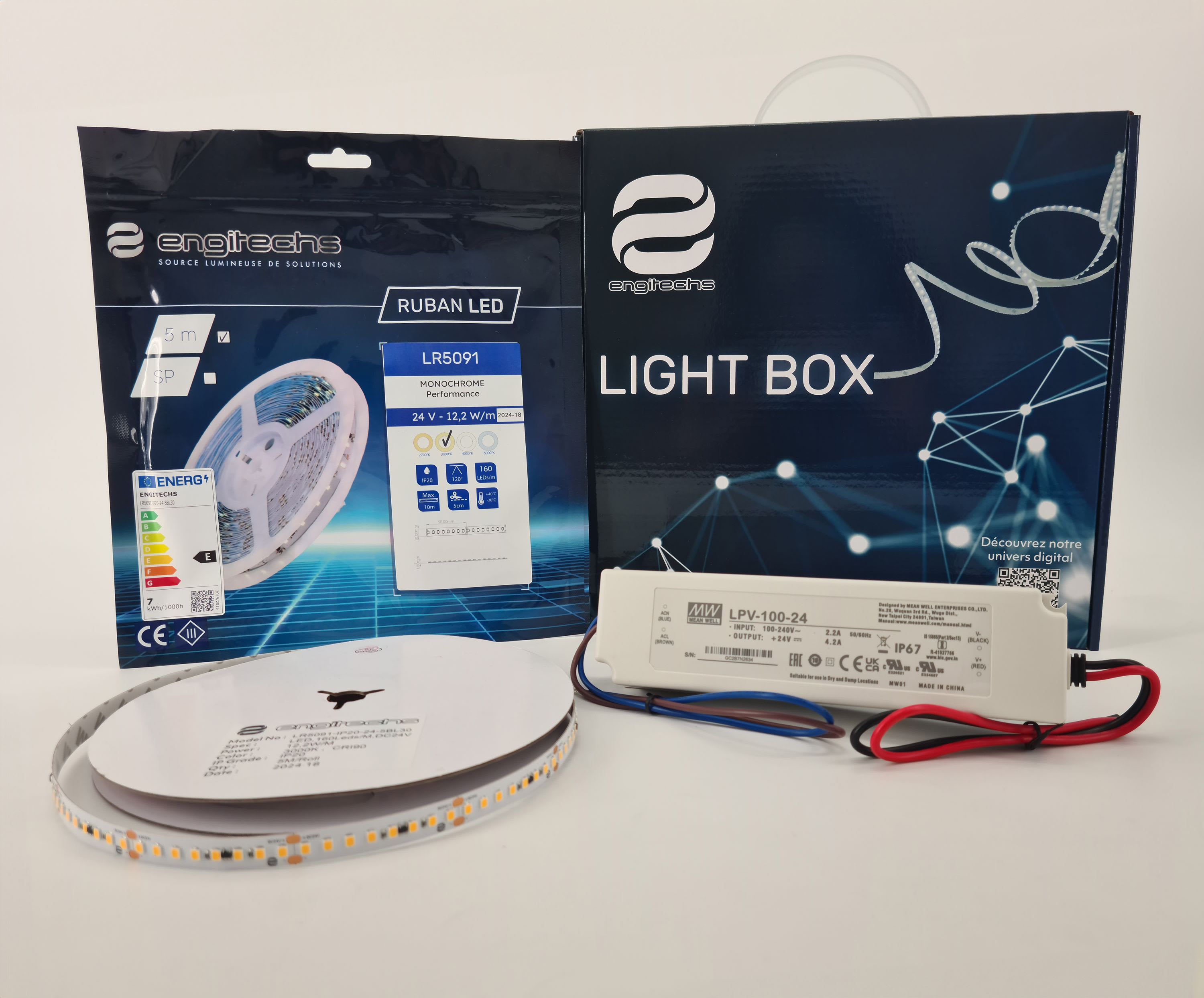 ENGITECHS - LIGHT BOX RUBAN LED 12W/M IP20 5M 3000°K + ALIM 100W 24V