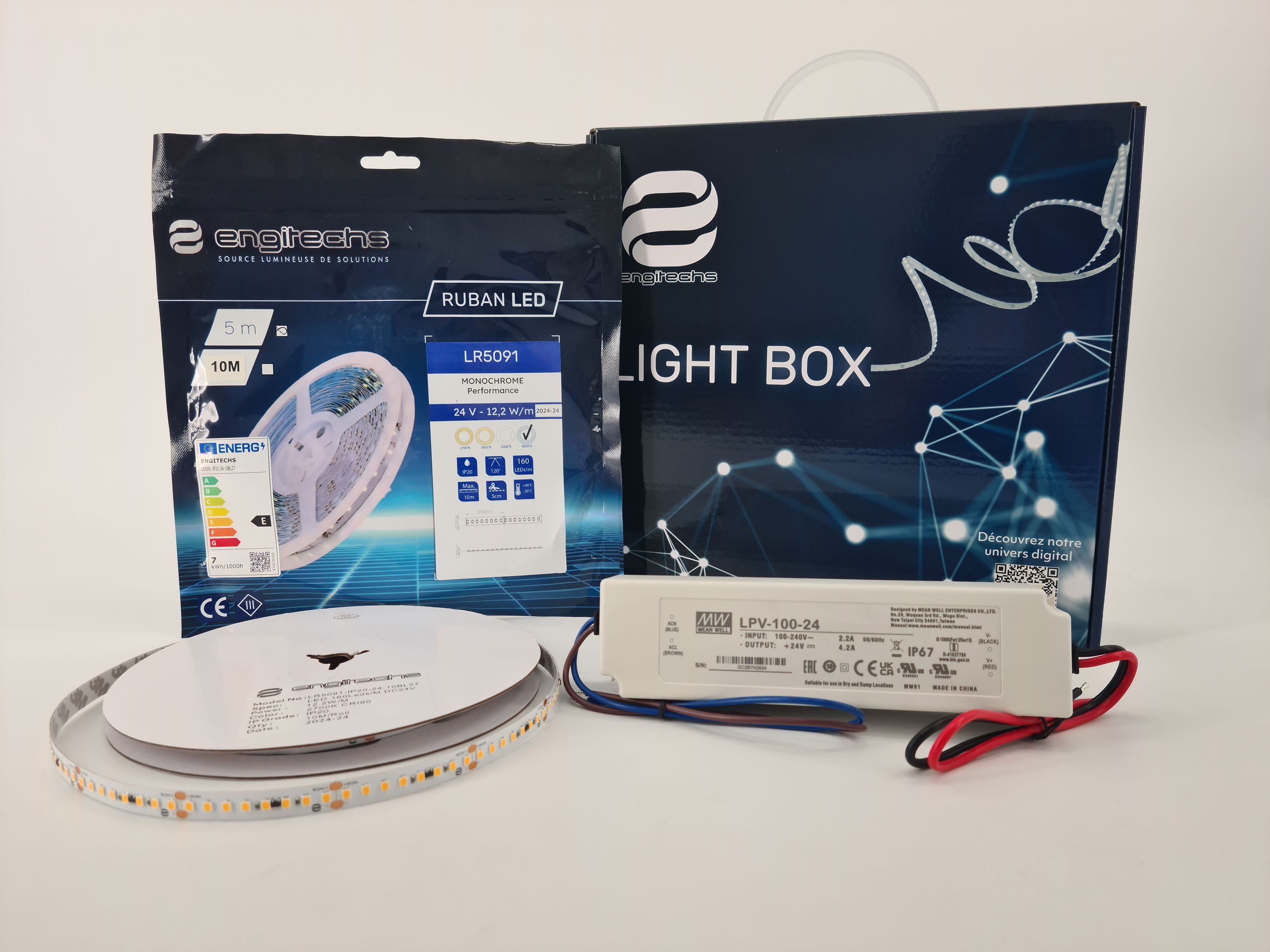 ENGITECHS - LIGHT BOX RUBAN LED 12W/M IP20 5M 6000°K + ALIM 100W 24V