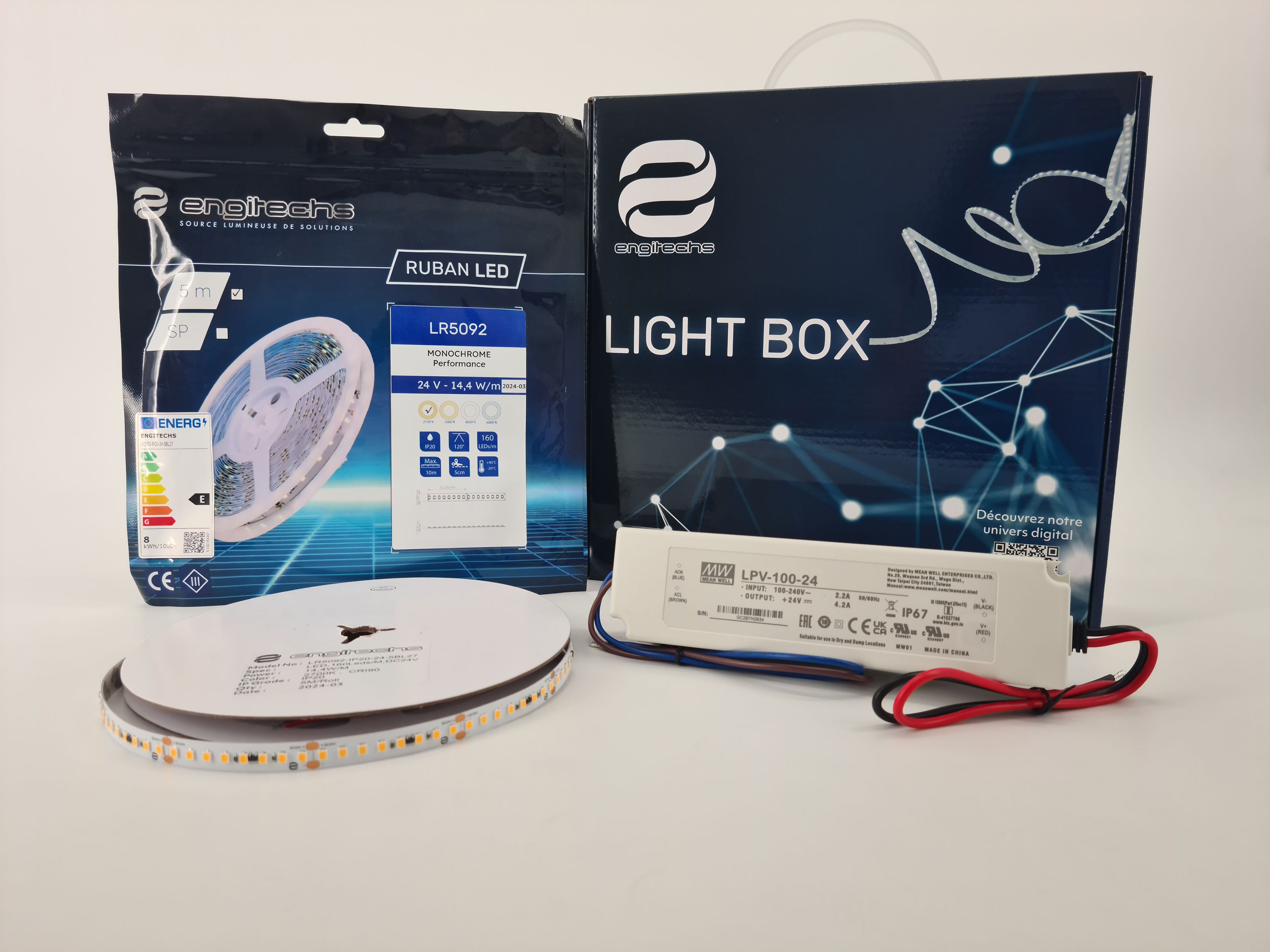 ENGITECHS - LIGHT BOX RUBAN LED 14W/M IP20 5M 2700°K + ALIM 100W 24V
