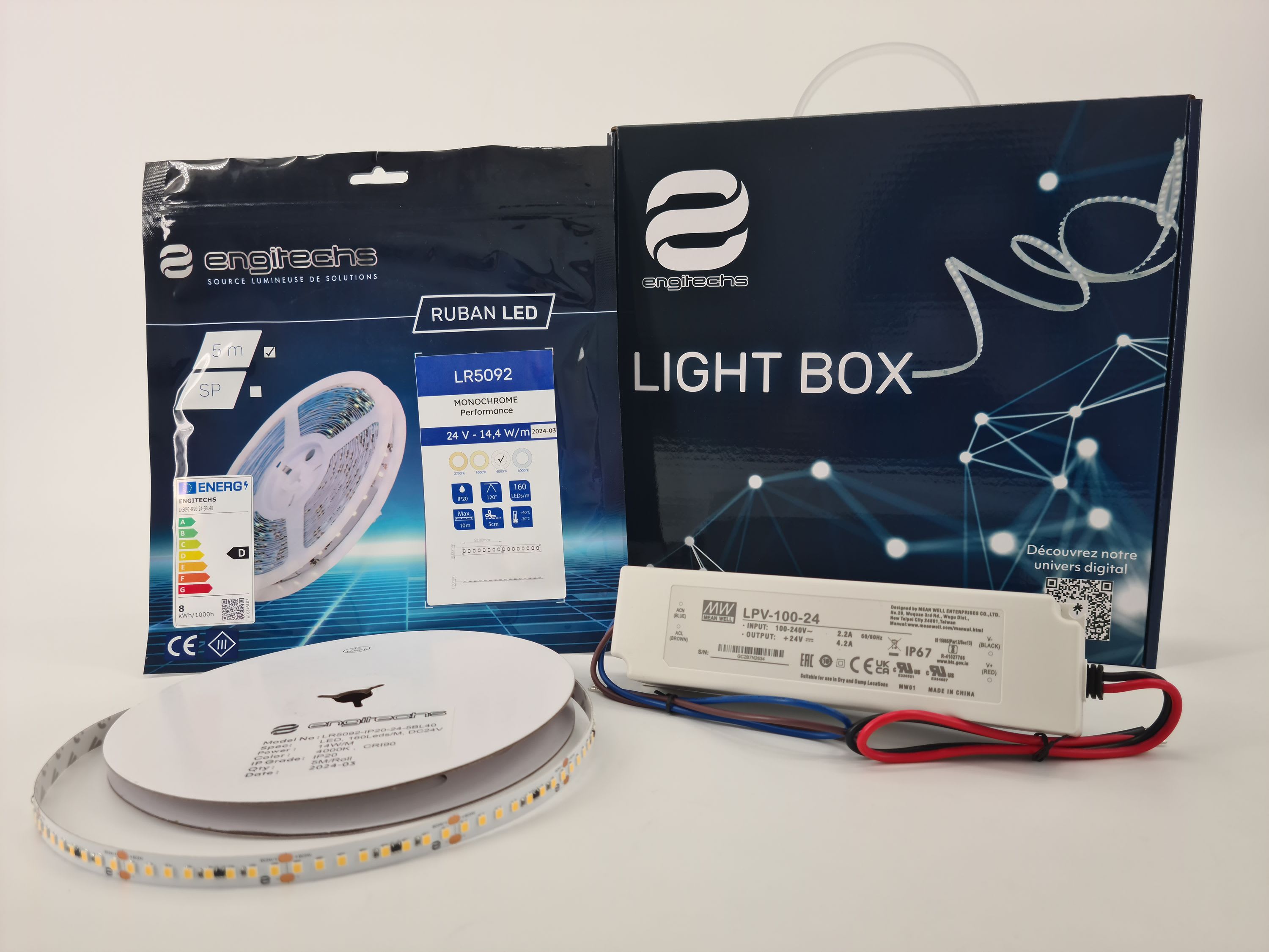 ENGITECHS - LIGHT BOX RUBAN LED 14W/M IP20 5M 4000°K + ALIM 100W 24V