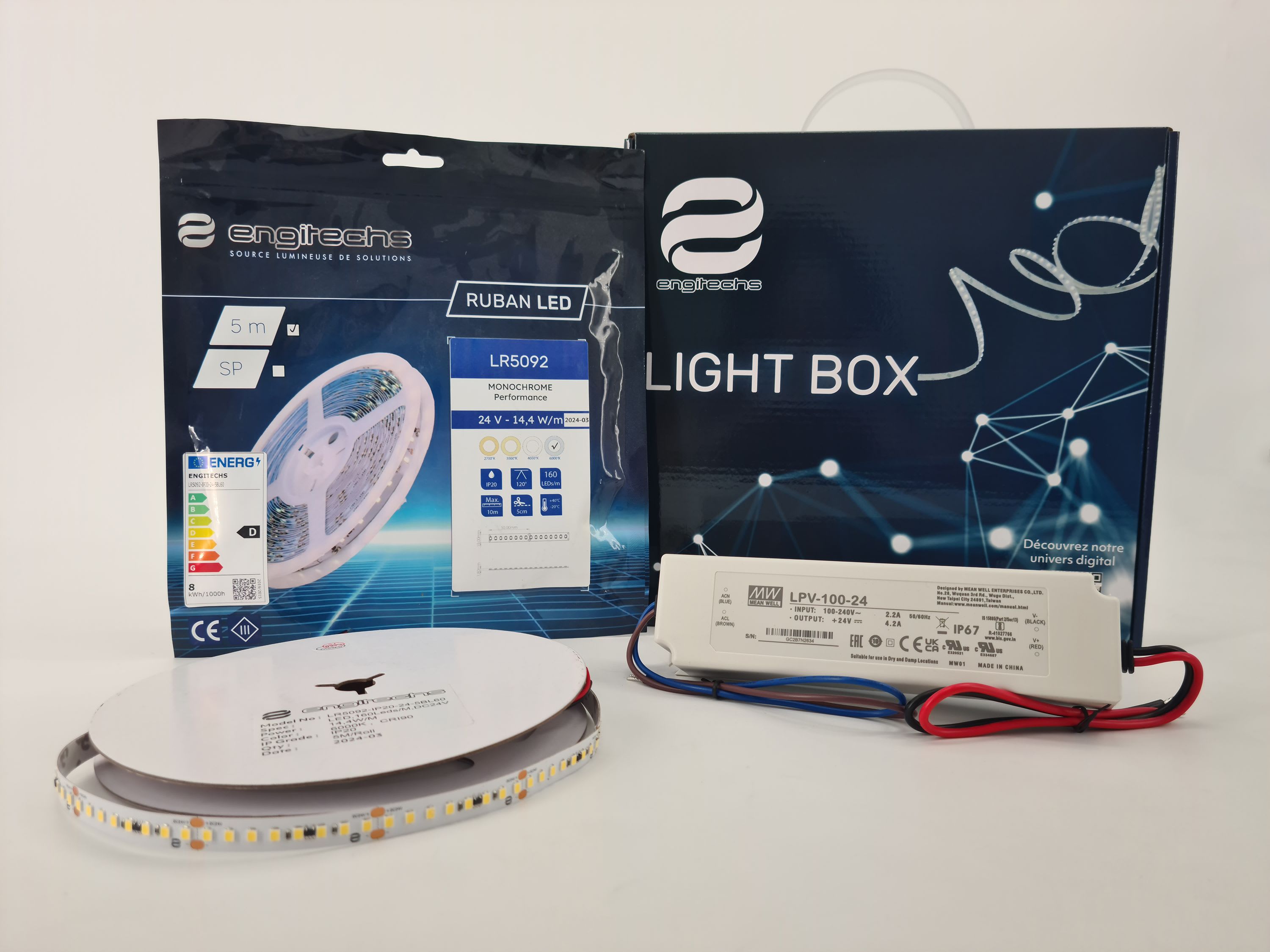 ENGITECHS - LIGHT BOX RUBAN LED 14W/M IP20 5M 6000°K + ALIM 100W 24V