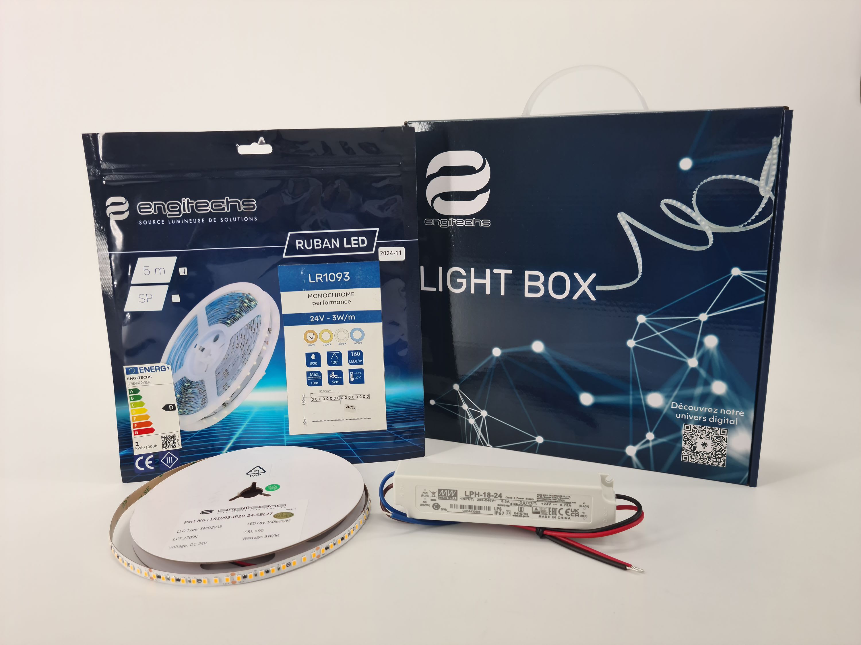ENGITECHS - LIGHT BOX RUBAN LED 3W/M IP20 5M 2700°K + ALIM 18W 24V
