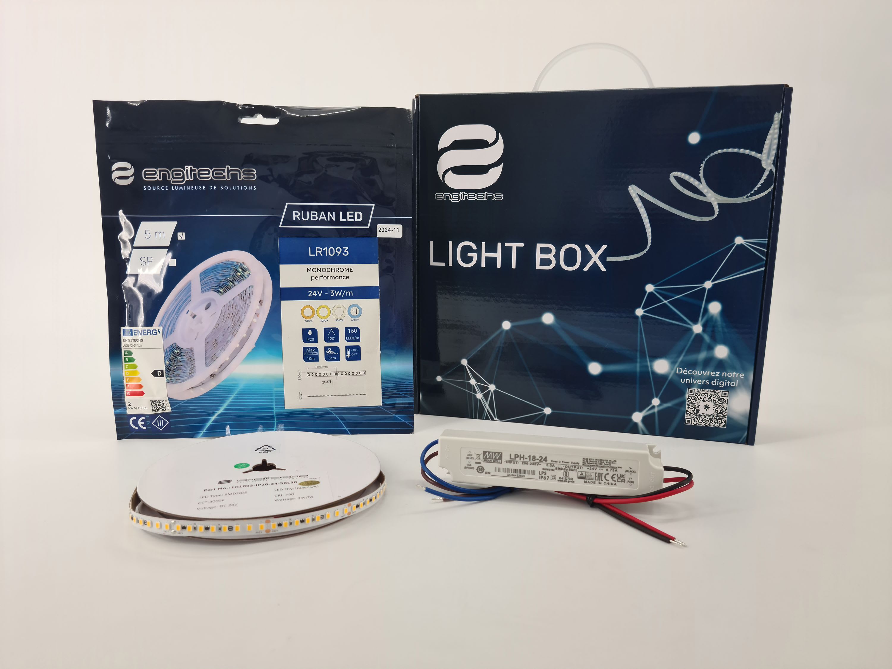 ENGITECHS - LIGHT BOX RUBAN LED 3W/M IP20 5M 6000°K + ALIM 18W 24V