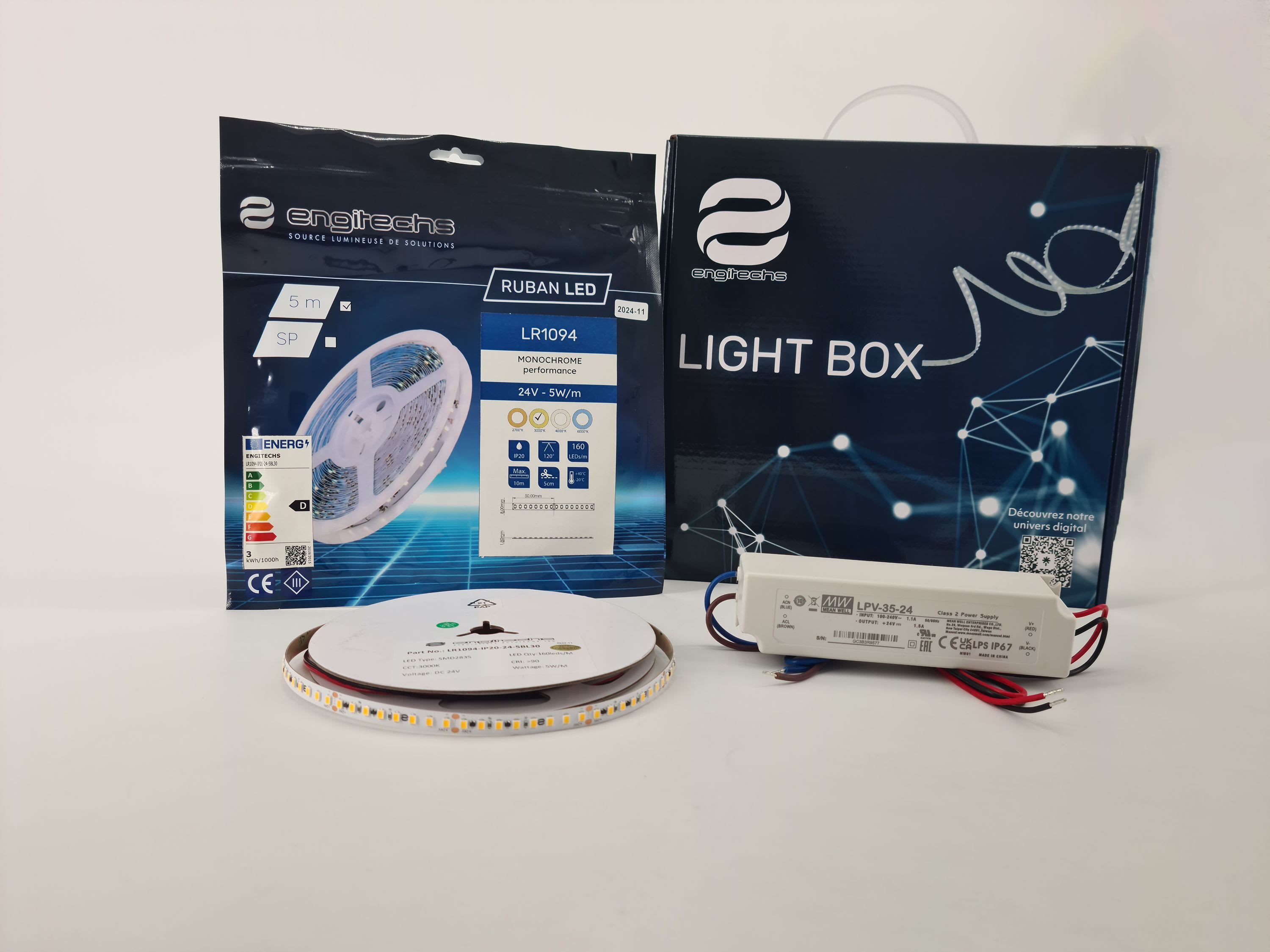 ENGITECHS - LIGHT BOX RUBAN LED 5W/M IP20 5M 3000°K + ALIM 35W 24V