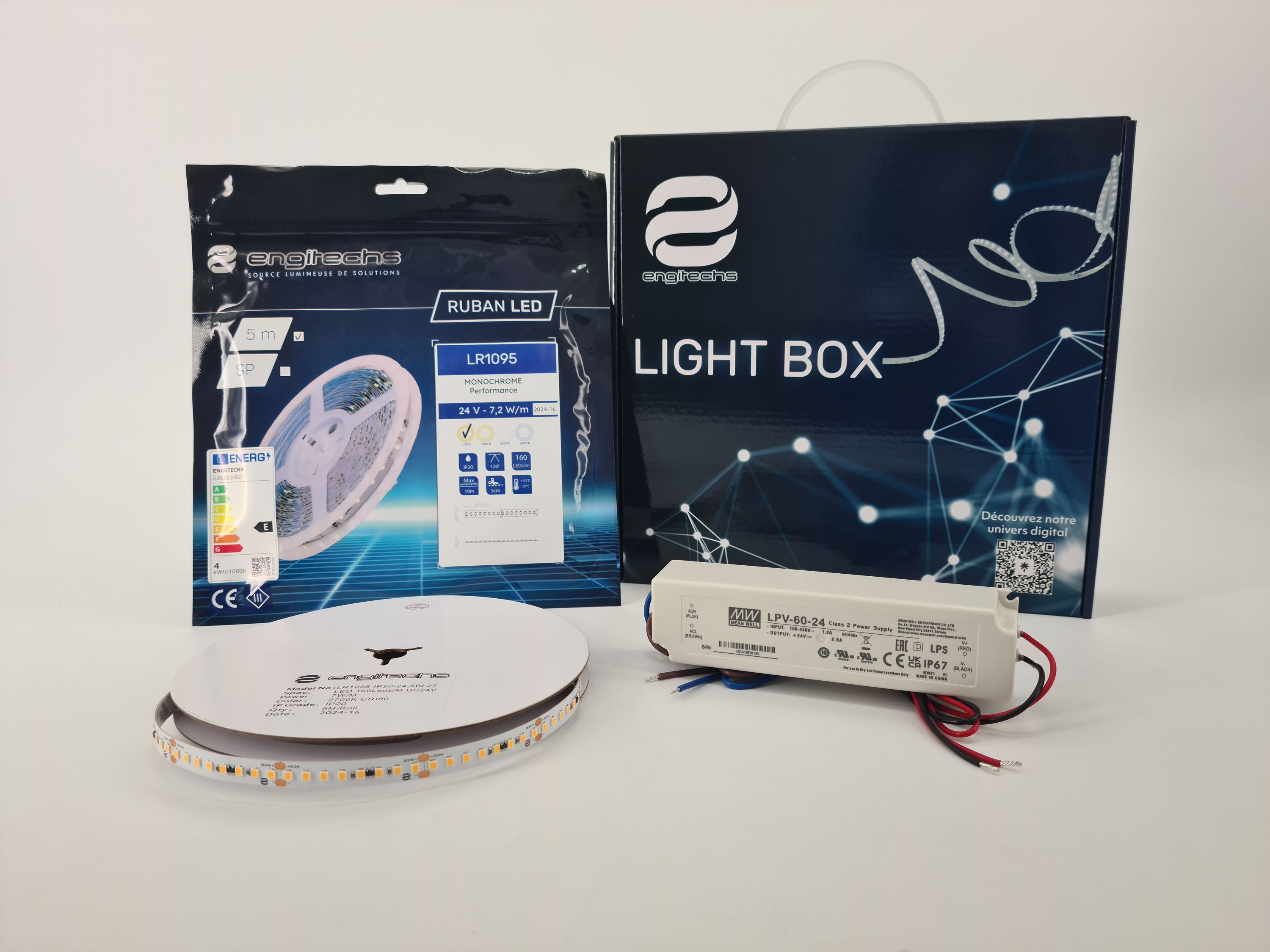 ENGITECHS - LIGHT BOX RUBAN LED 7W/M IP20 5M 2700°K + ALIM 60W 24V