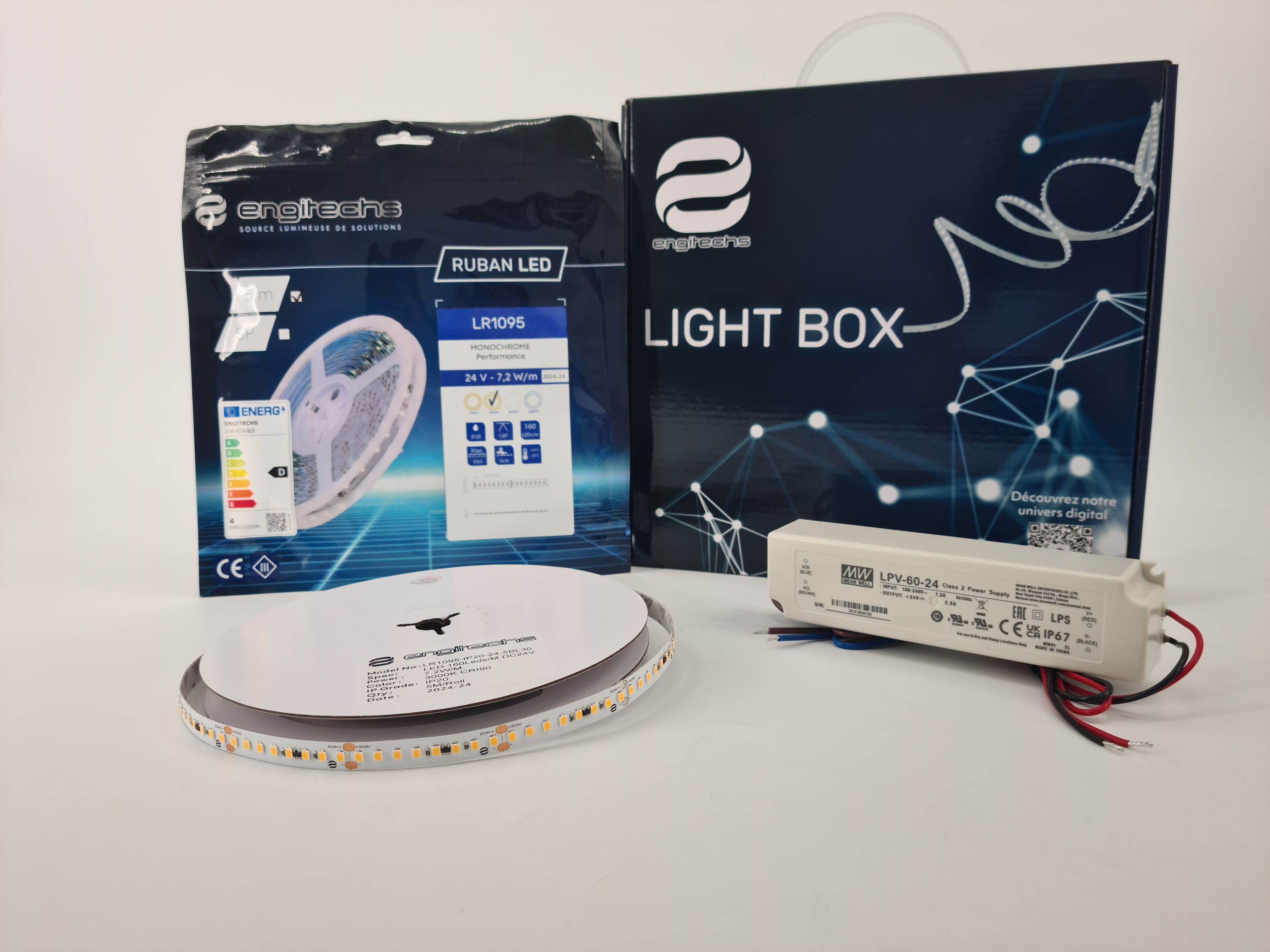 ENGITECHS - LIGHT BOX RUBAN LED 7W/M IP20 5M 3000°K + ALIM 60W 24V