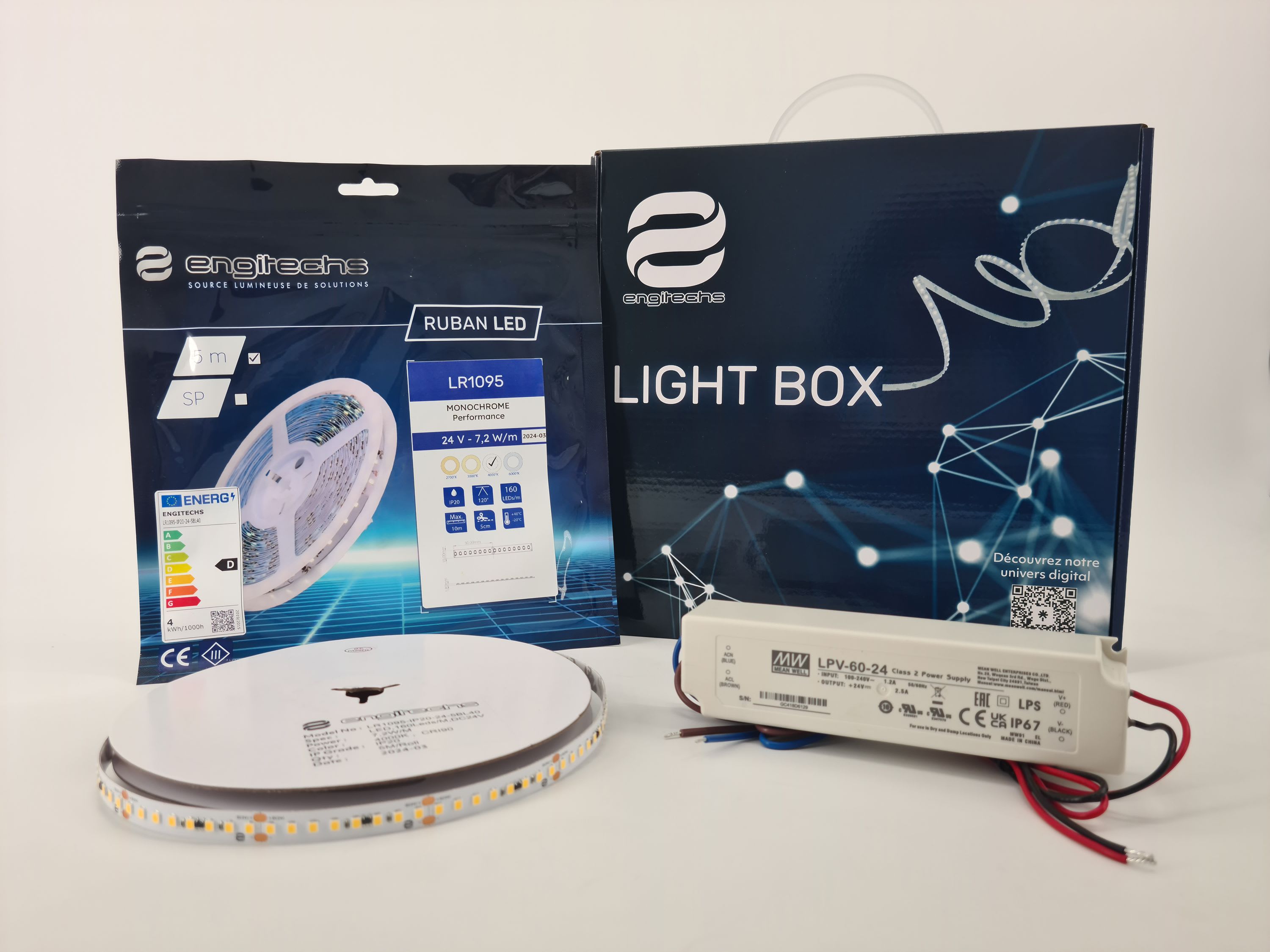 ENGITECHS - LIGHT BOX RUBAN LED 7W/M IP20 5M 4000°K + ALIM 60W 24V