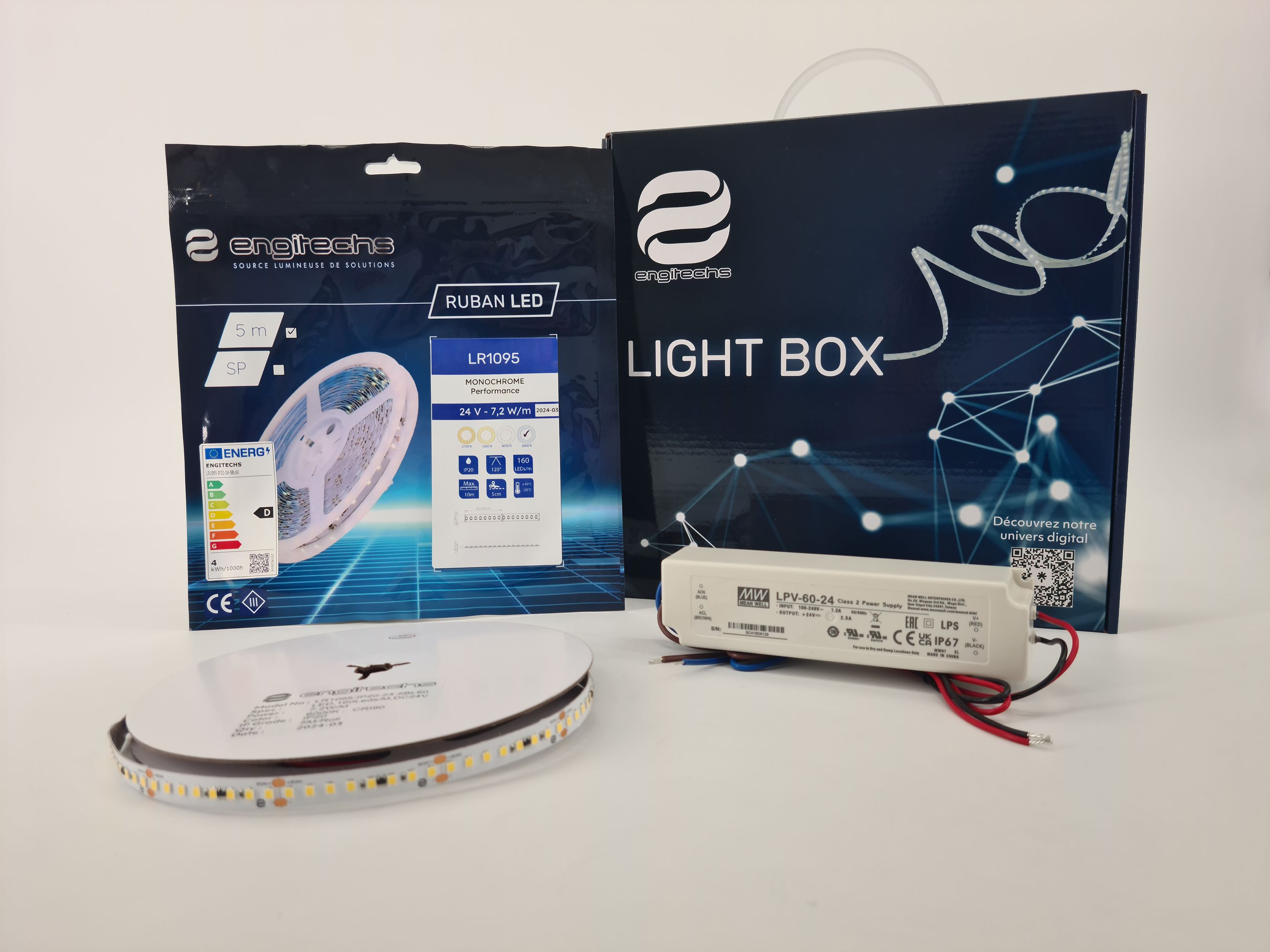 ENGITECHS - LIGHT BOX RUBAN LED 7W/M IP20 5M 6000°K + ALIM 60W 24V