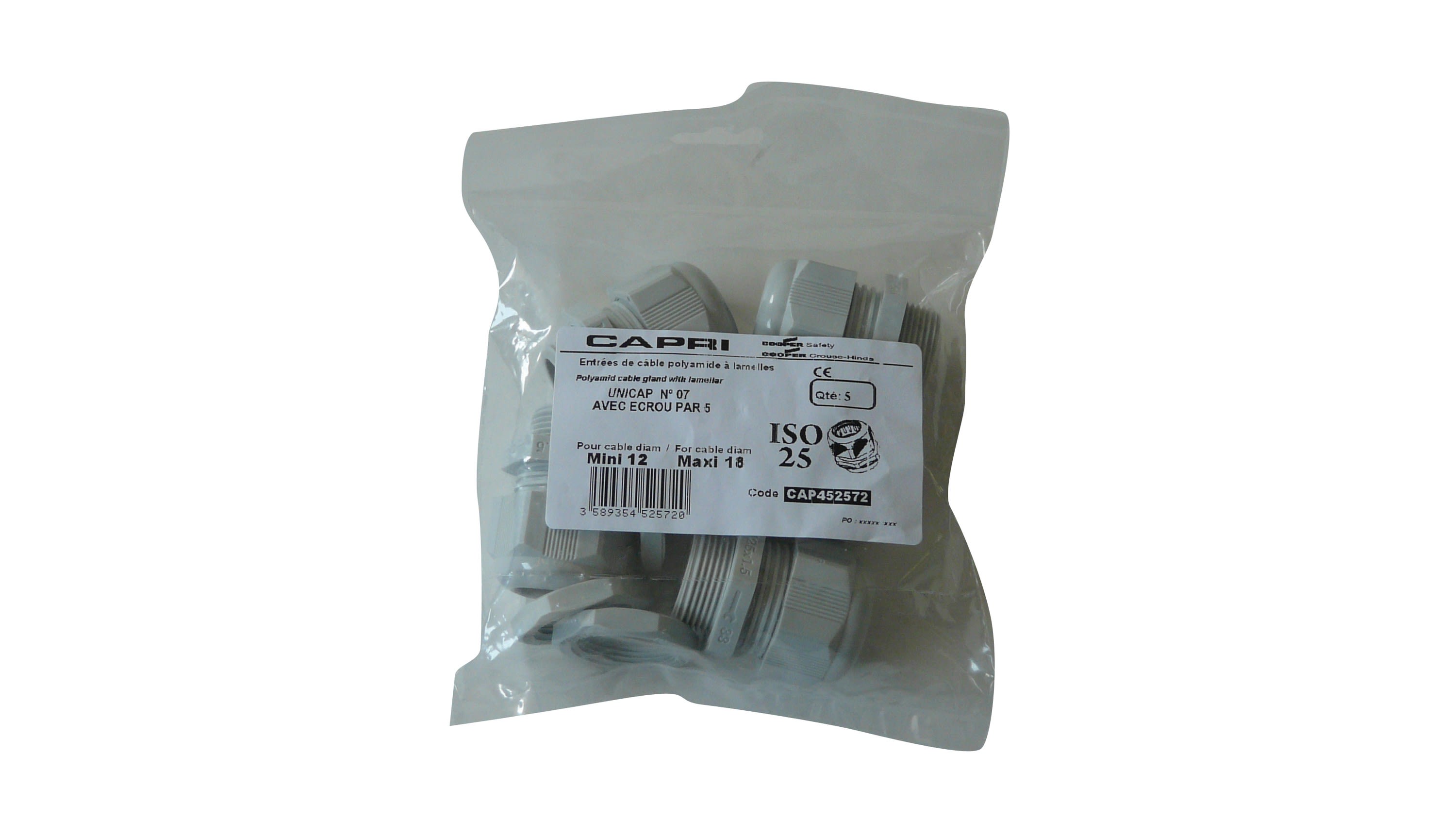 Cooper Capri - Presse-étoupe UNICAP + Écrou - ISO25 - polyamide gris - IP68 - lot de 5