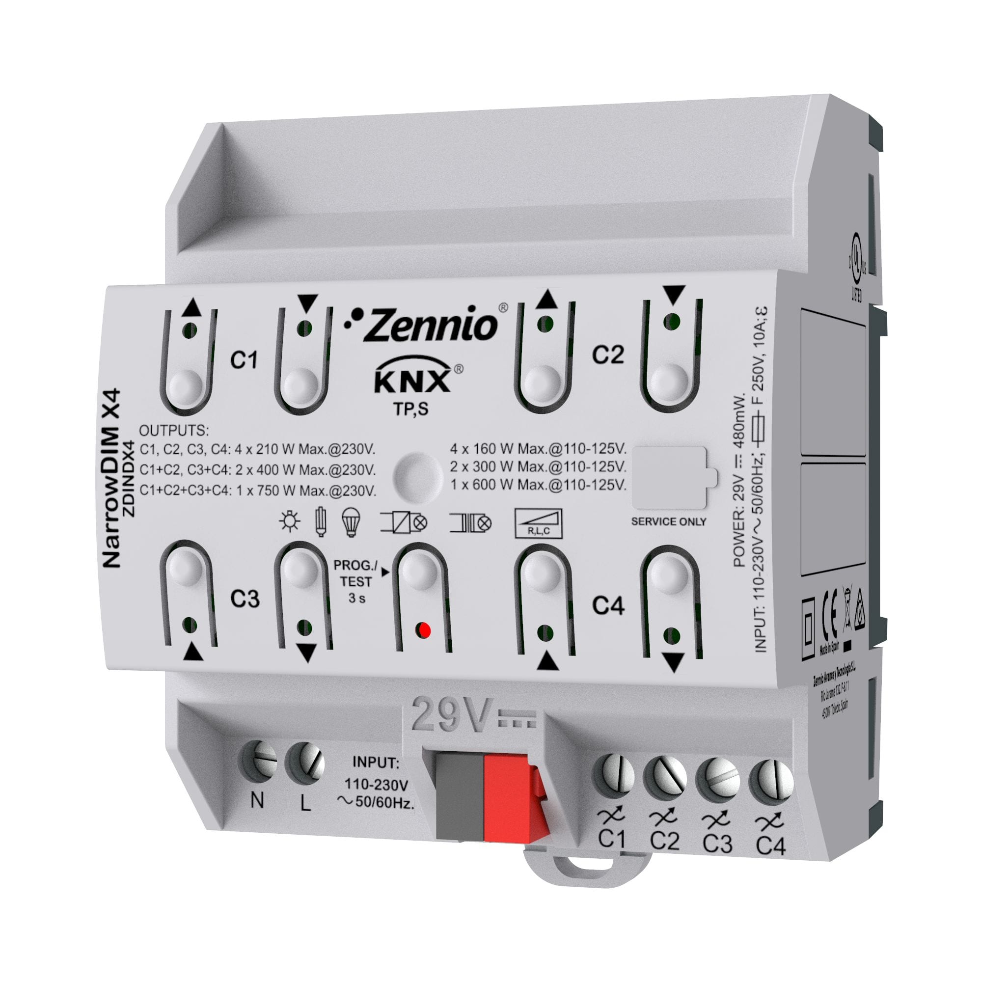 ZENNIO - NarrowDIM X4. Actionneur variateur universel. 4 canaux x 210 W. 4.5 unités DIN