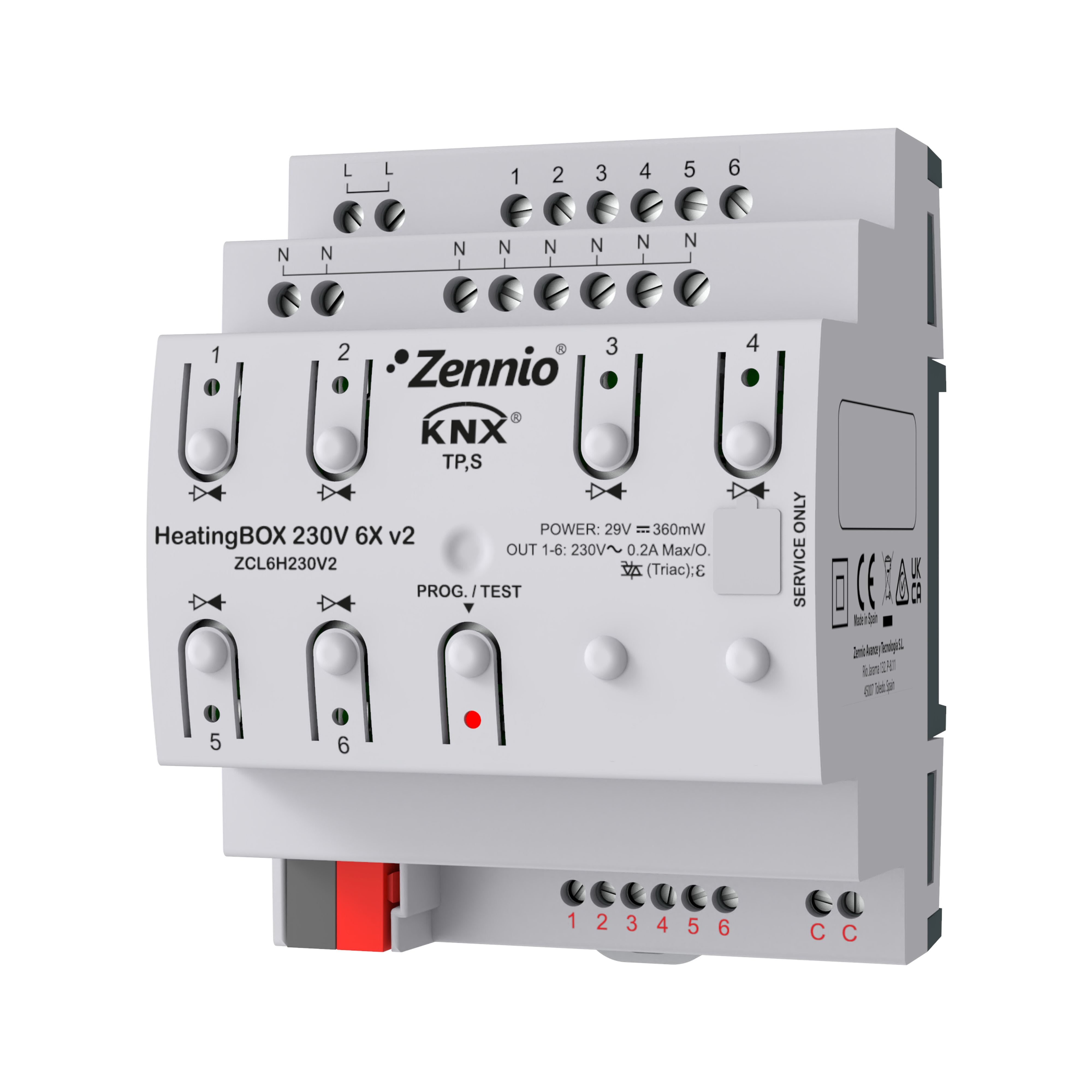 ZENNIO - HeatingBOX 230V 6X v2. Heating actuator for up to 6 outputs 230VAC and 6 inputs