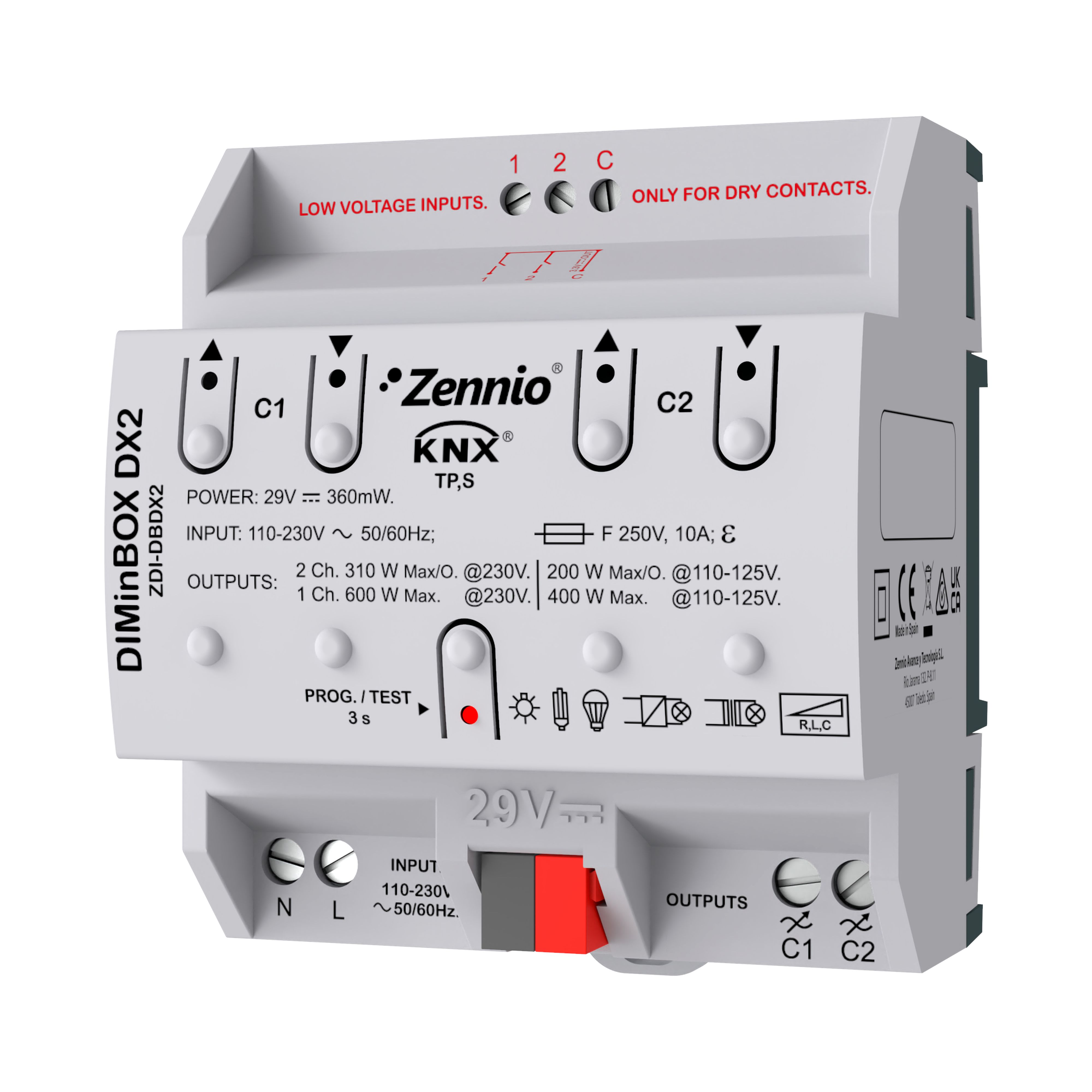 ZENNIO - DIMinBOX DX2. Universal dimmer actuator. 2 channels x 310W or 1 channel x 600W