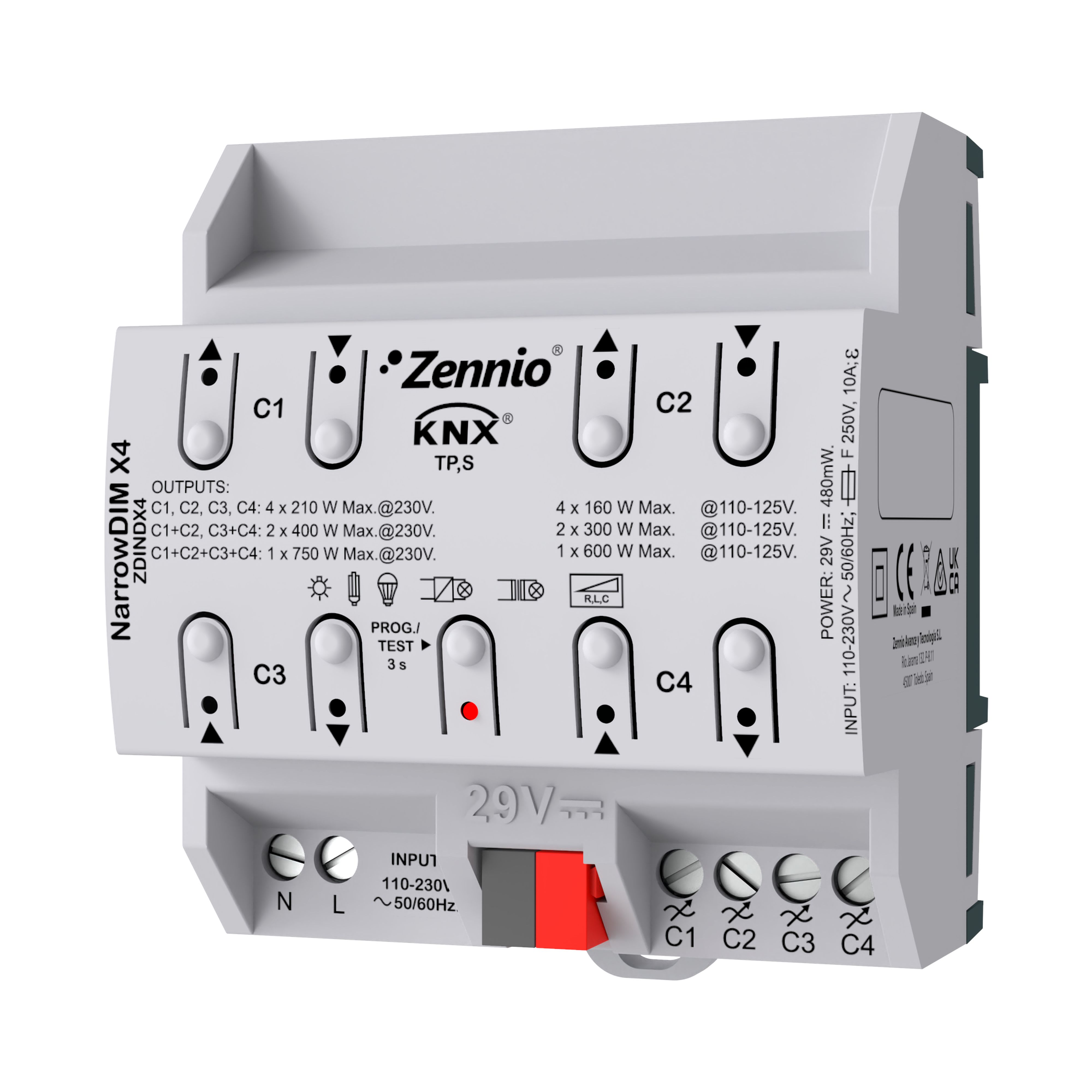 ZENNIO - NarrowDIM X4. Universal dimmer actuator. 4 channels x 210W. 4.5 DIN units