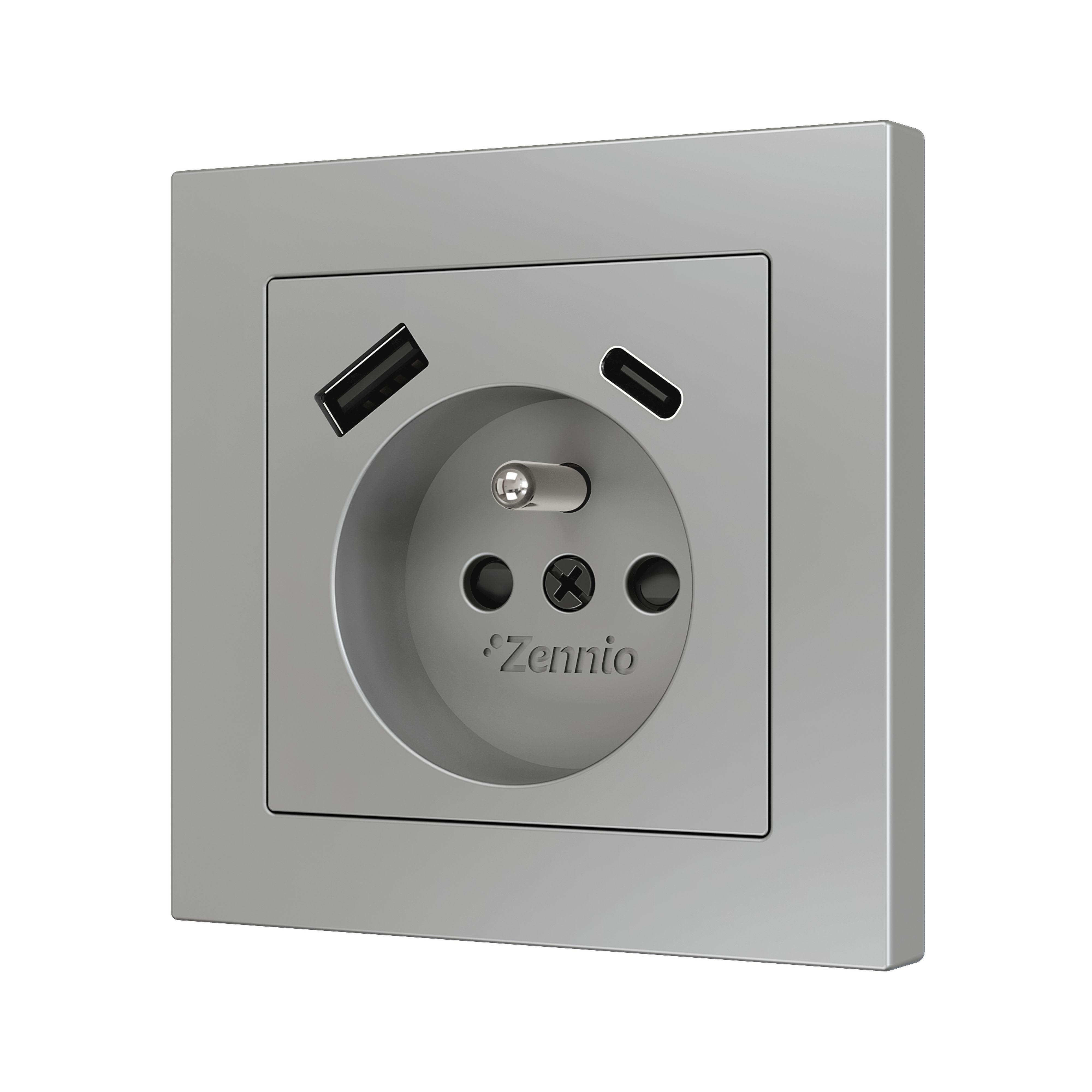 ZENNIO - ZS55. French socket cover with USB C and A 55x55 mm - Silver
