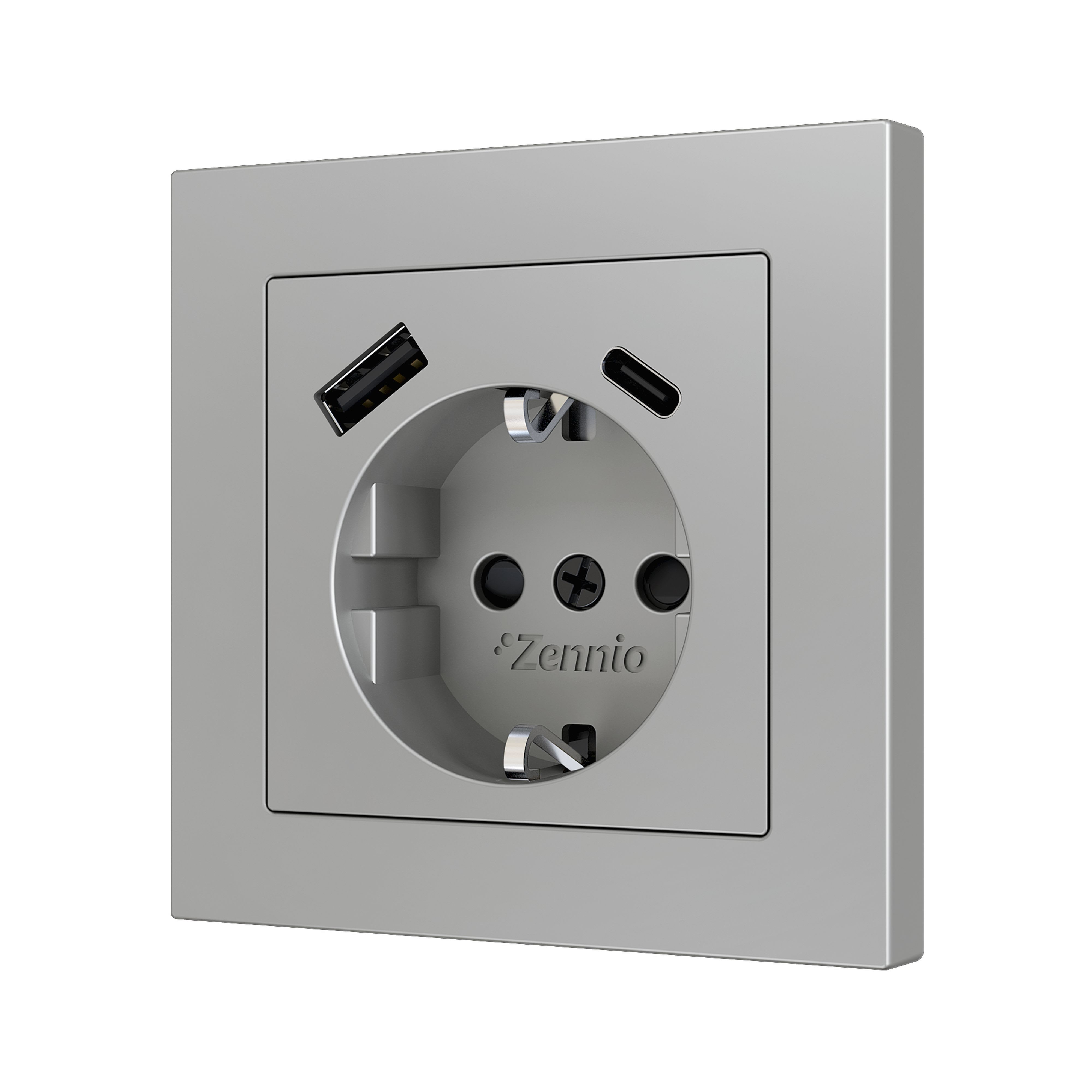 ZENNIO - ZS55. Schuko socket cover with USB C and A 55x55 mm - Silver