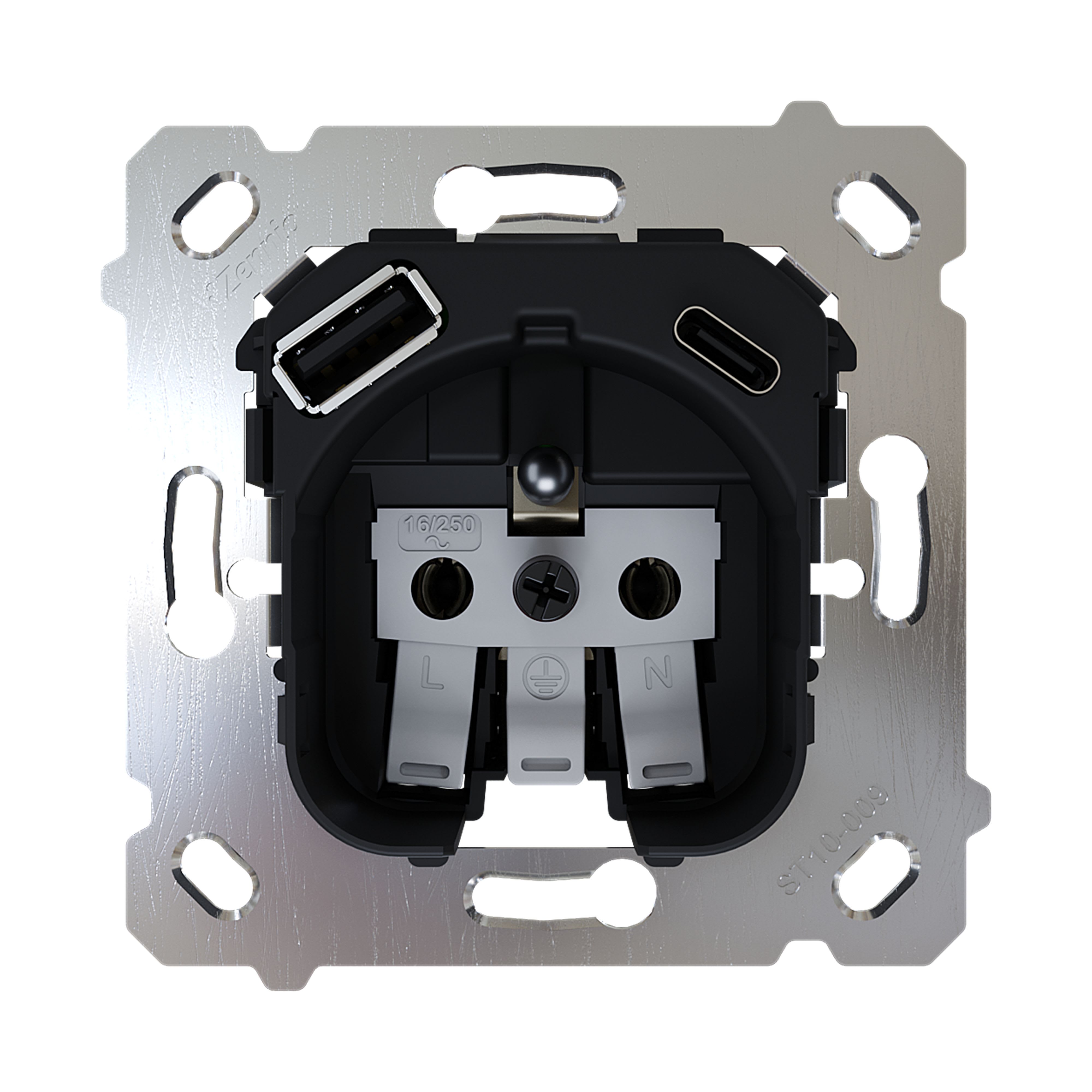 ZENNIO - ZS55/ZS70. Base de prise française 16 A /250 V ~ avec USB C et A - (sans cache)