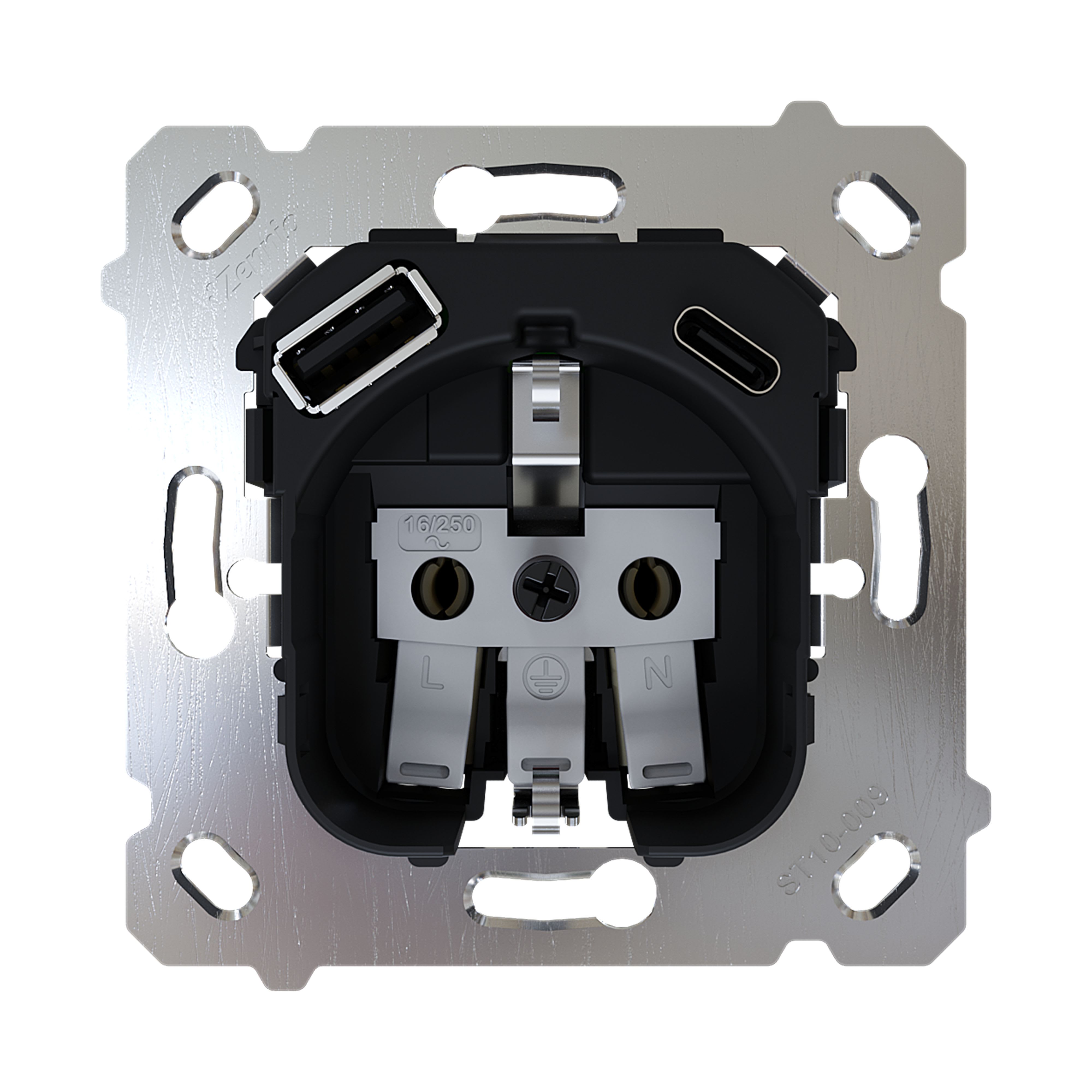 ZENNIO - ZS55/ZS70. Base de prise Schuko 16 A /250 V ~ avec USB C et A (sans cache)