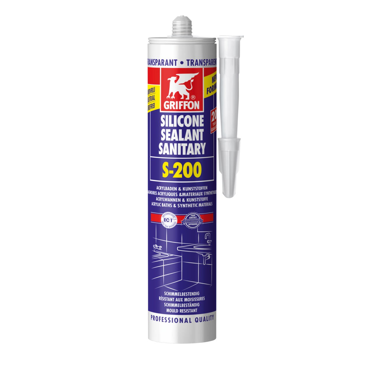 Griffon - S-200 Mastic silicone sanitaire transparent pr matières en acrylique cart 300 ML