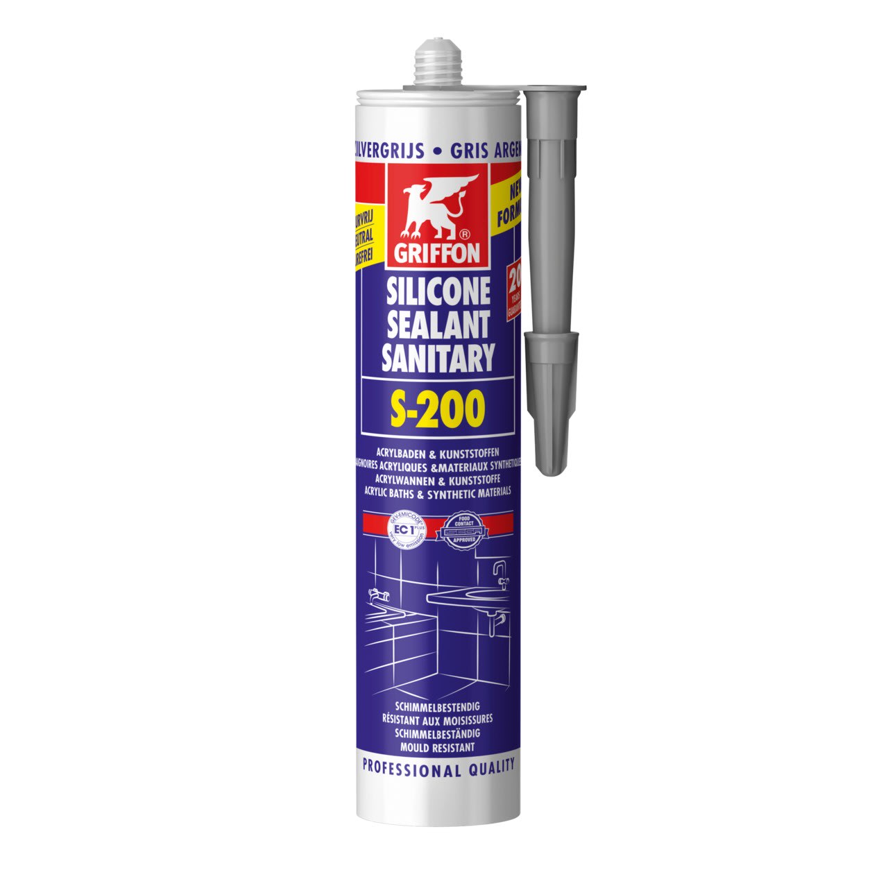 Griffon - S-200 Mastic silicone sanitaire gris pour matières en acrylique cart 300 ML