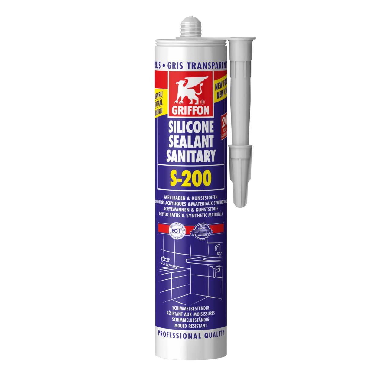 Griffon - S-200 Mastic silicone sanitaire gris trans pr matières en acrylique cart 300 ML
