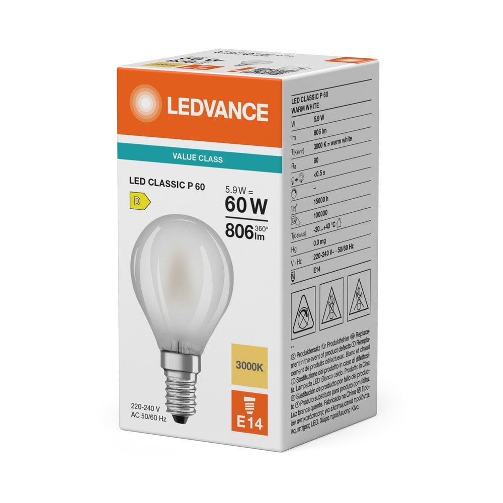 Ledvance - LED CLASSIC P V 45,00 mm-5,9 W-806 lm-3000 K-E14-10000 h