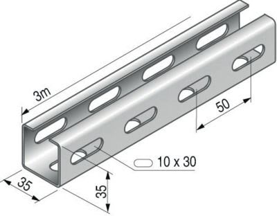 NIEDAX - Rail C 35x35, 3m, perforé 3 faces 10x30, série SU 35, SZ