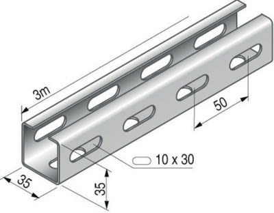 NIEDAX - Rail C 35x35, 3m, perforé 3 faces 10x30, série SU 35, GC