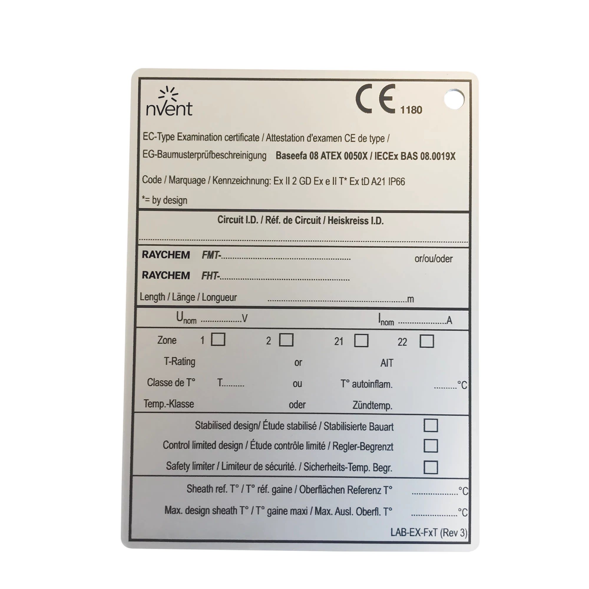 Raychem - Étiquette d?identification du circuit pour systèmes de traçage Raychem FMT et FH