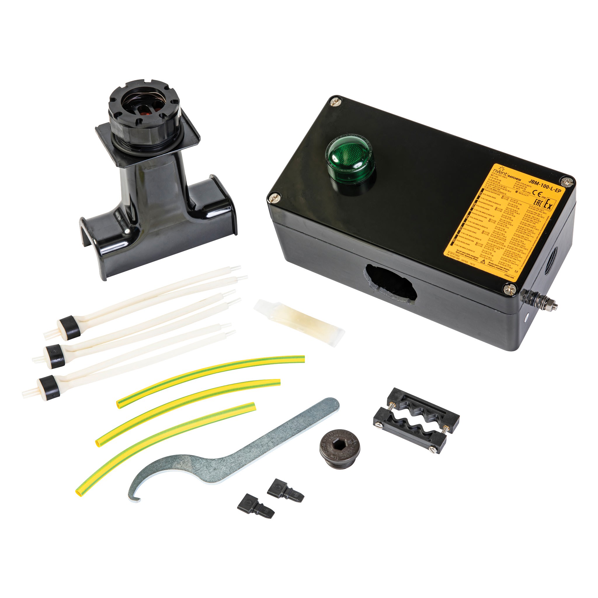 Raychem - Bte jonct intég, multi-entrées av plqu terre/témoin lum vert, instal à frd, ATEX