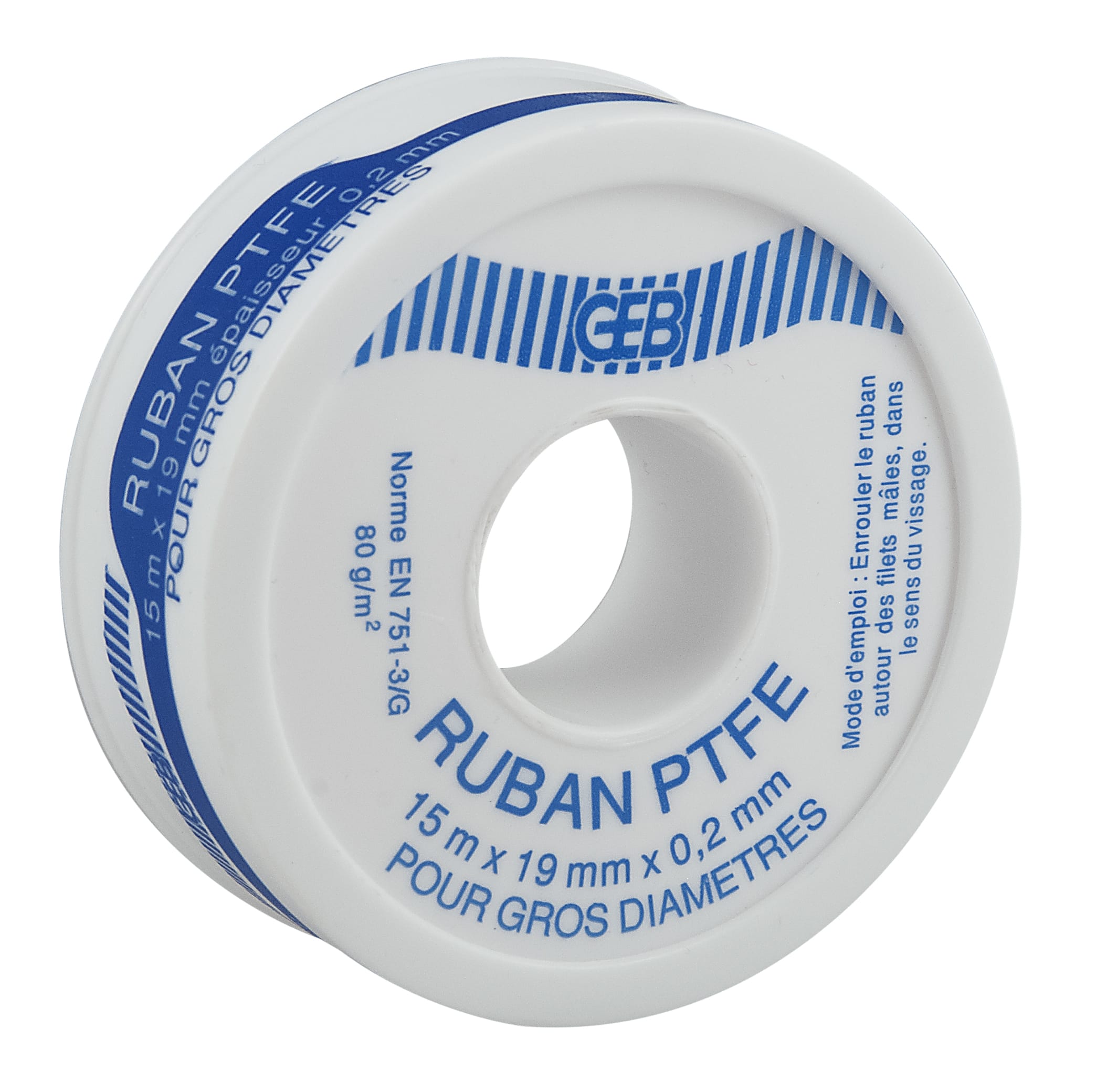 GEB - Ruban PTFE gros DIAMETRE 19 mm x 15 m x 0,2 mm