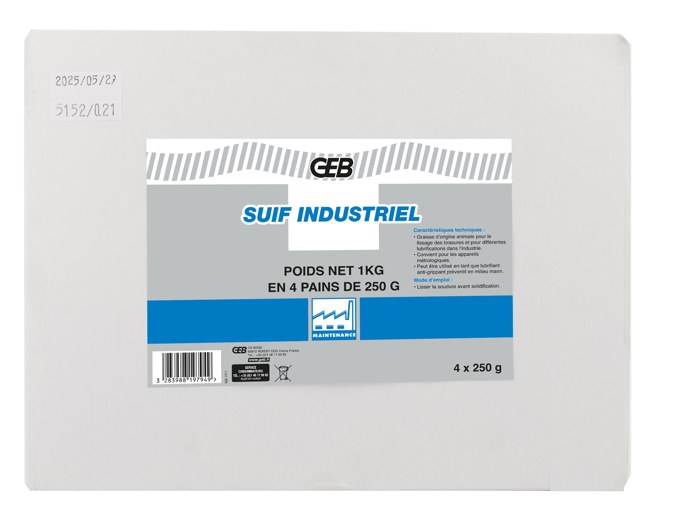 GEB - SUIF INDUSTRIEL Paquet de 1 kg (4 pains de 250 g)