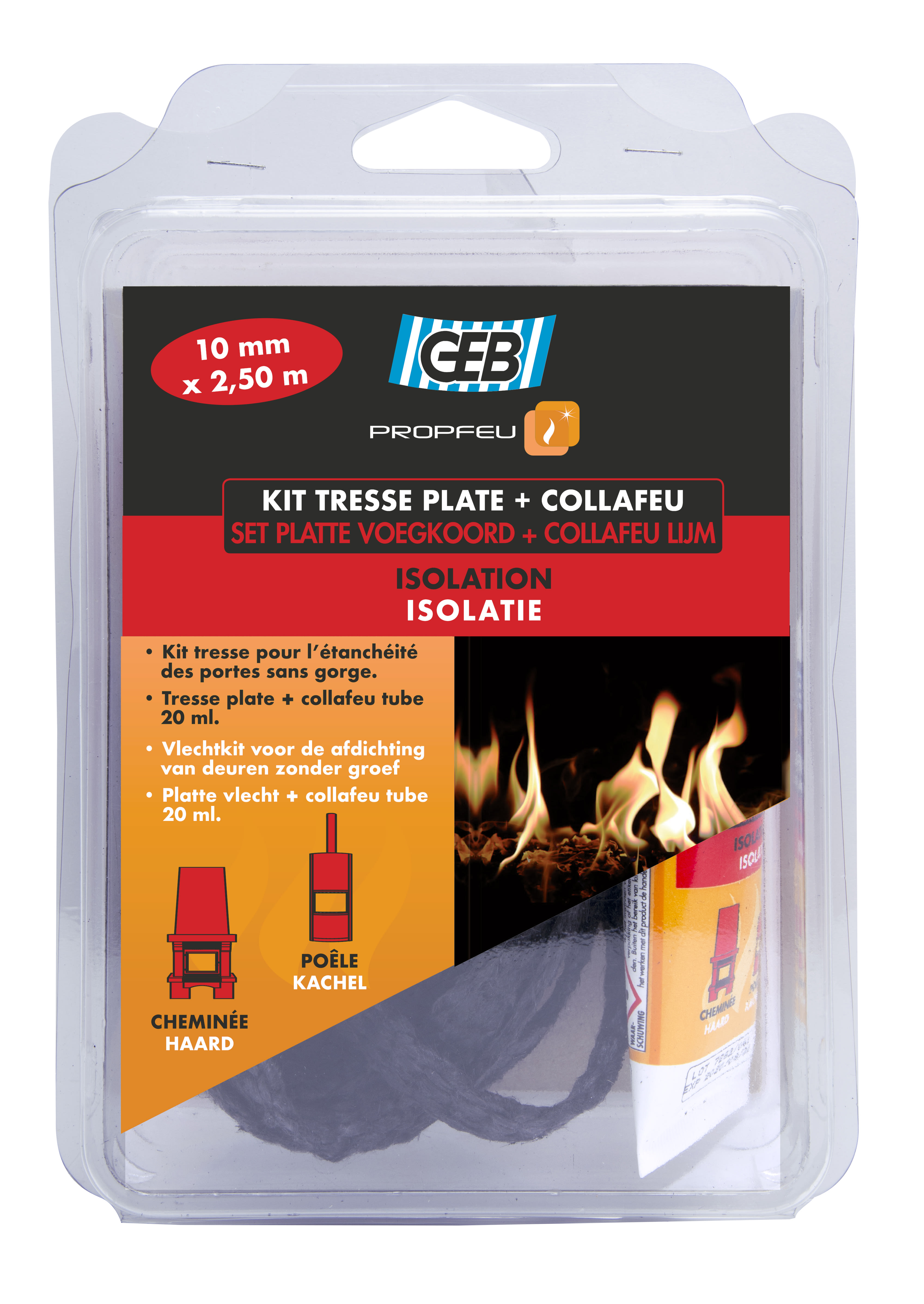 GEB - KIT PROPFEU TRESSE PLATE FIBRE DE VERRE + COLLAFEU larg. 15 mm, ép. 3 mm, long 2