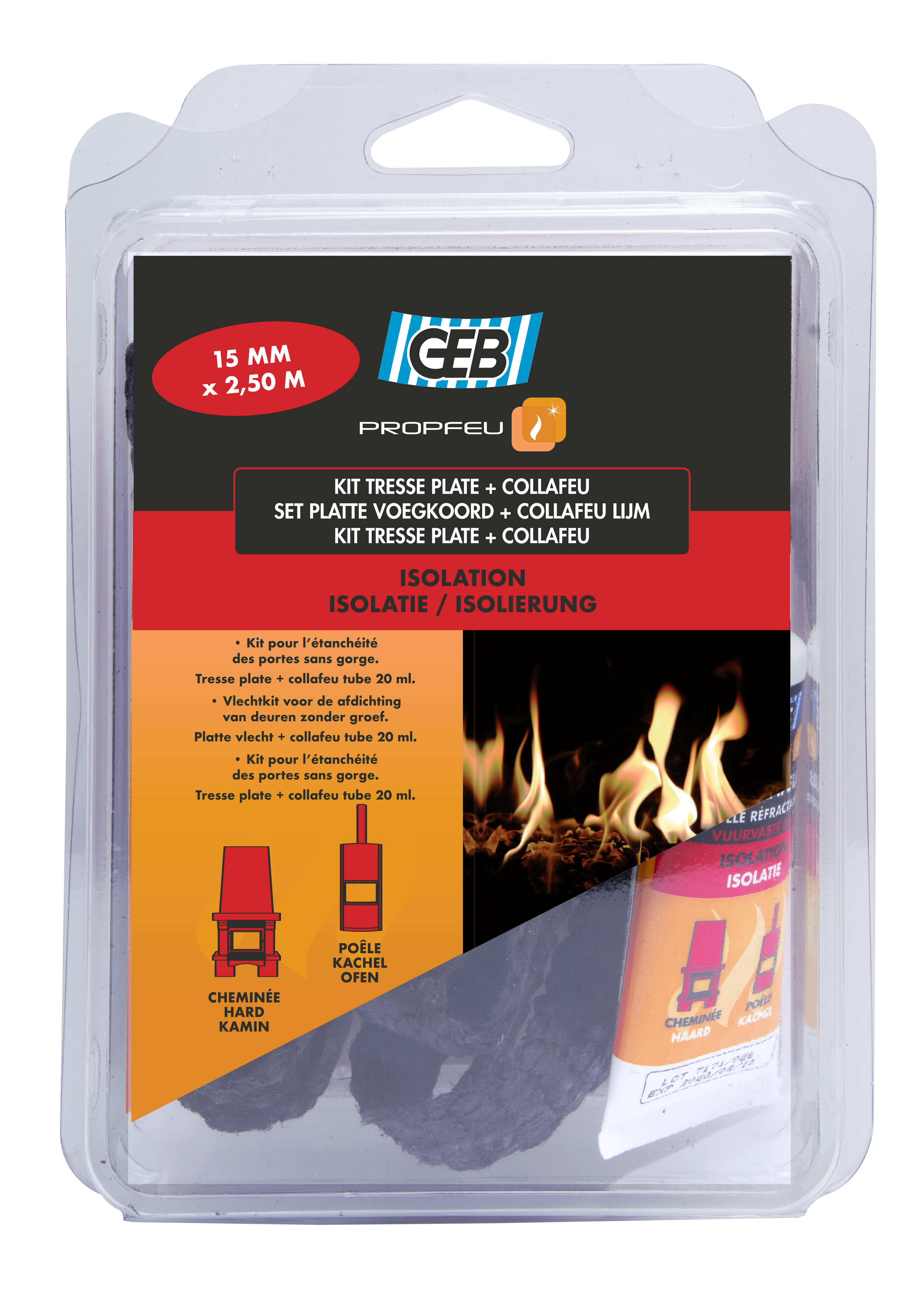 GEB - KIT PROPFEU TRESSE PLATE FIBRE DE VERRE + COLLAFEU larg. 15 mm, ép. 3 mm, long 2