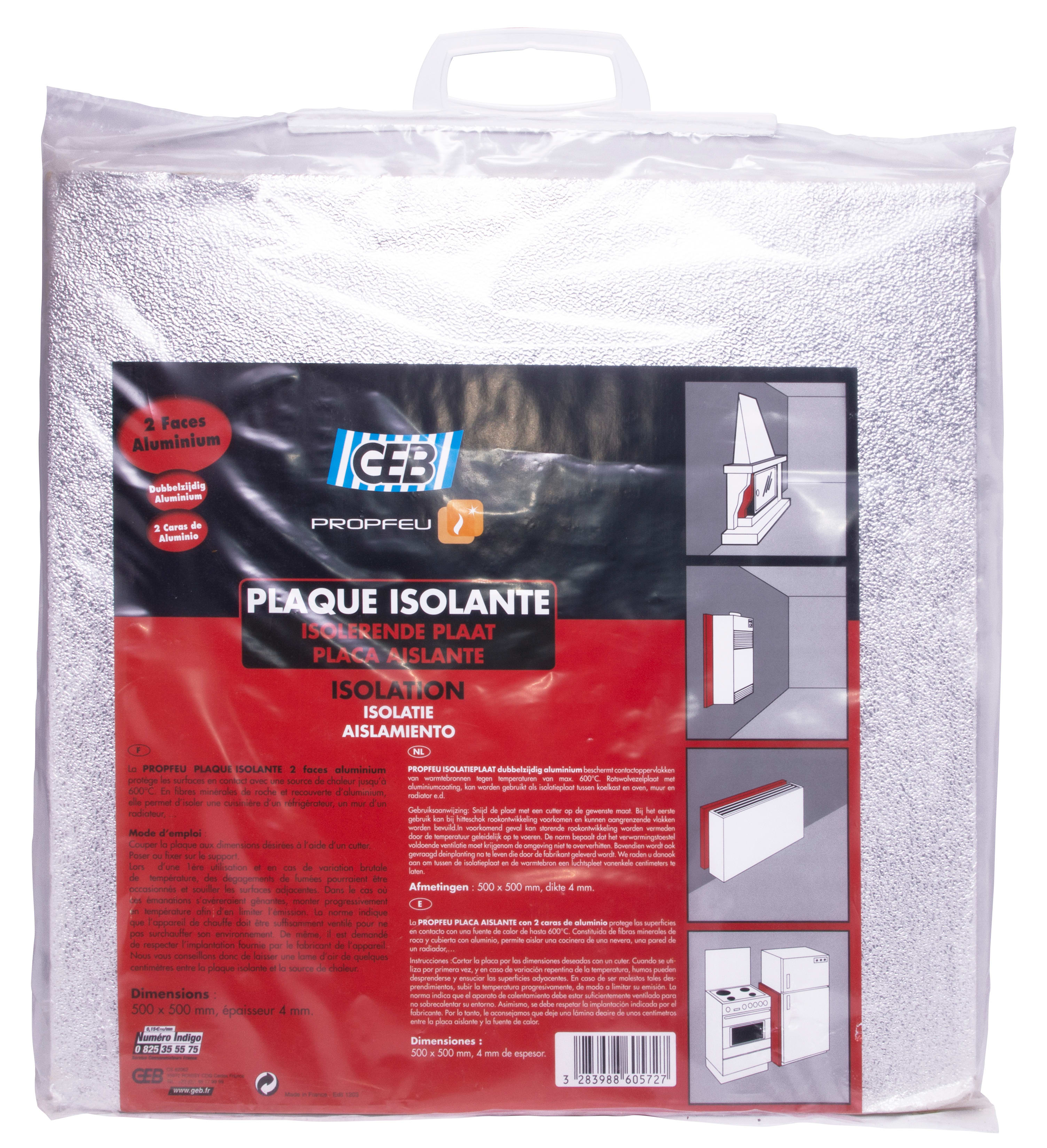 GEB - PLAQUE ISOLANTE 2 faces aluminium  plaque 500 x 500 ép. 4 mm  sous sac