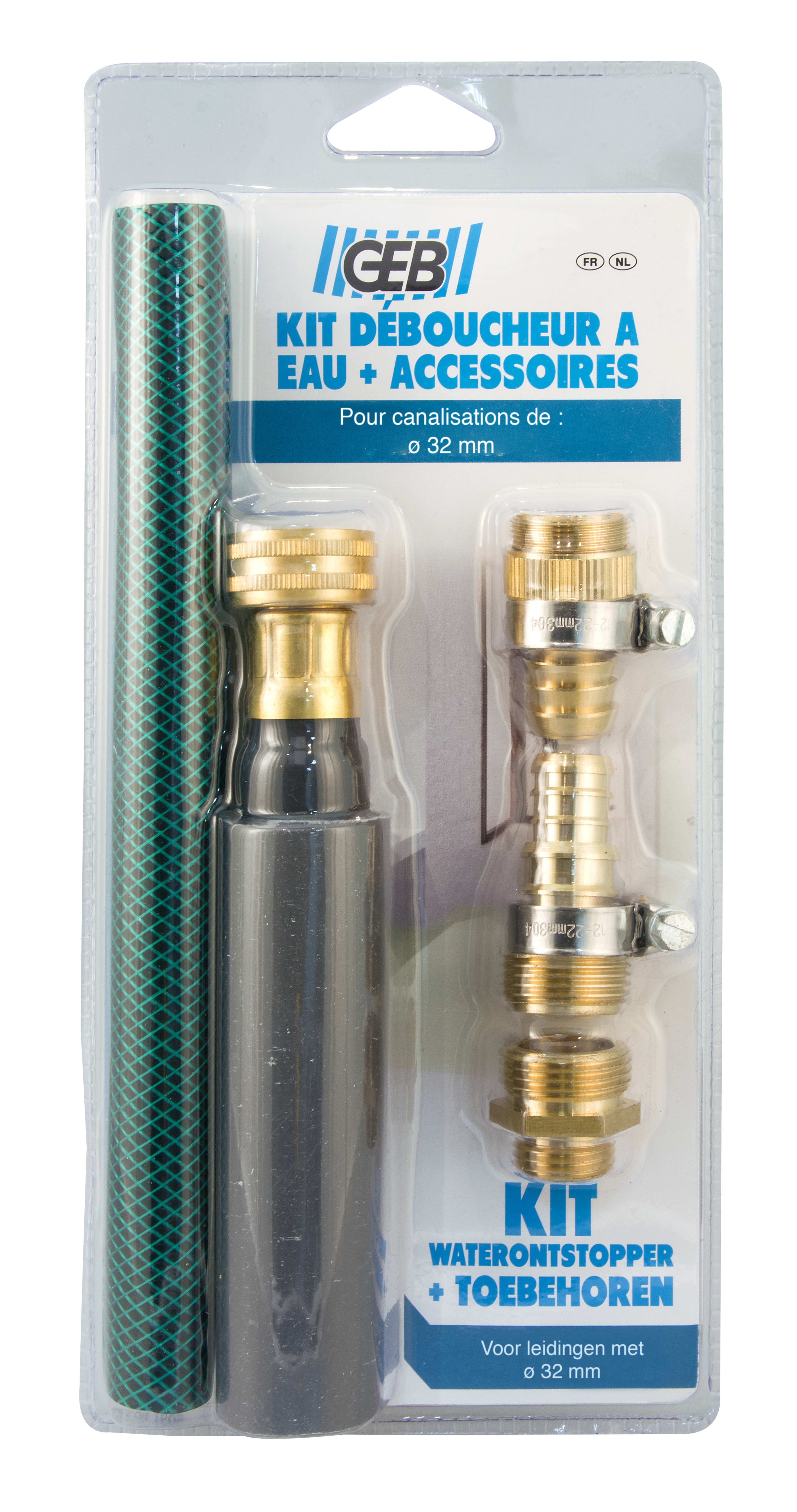 GEB - KIT Déboucheur à eau petite taille - diam 32-40 mm + accessoires