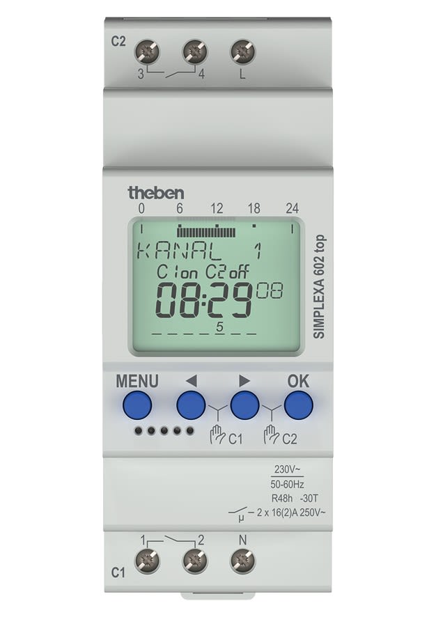 Theben - Inter horaire digitale hebdomadaire 2 contacts, 2 modules prog en face avant.