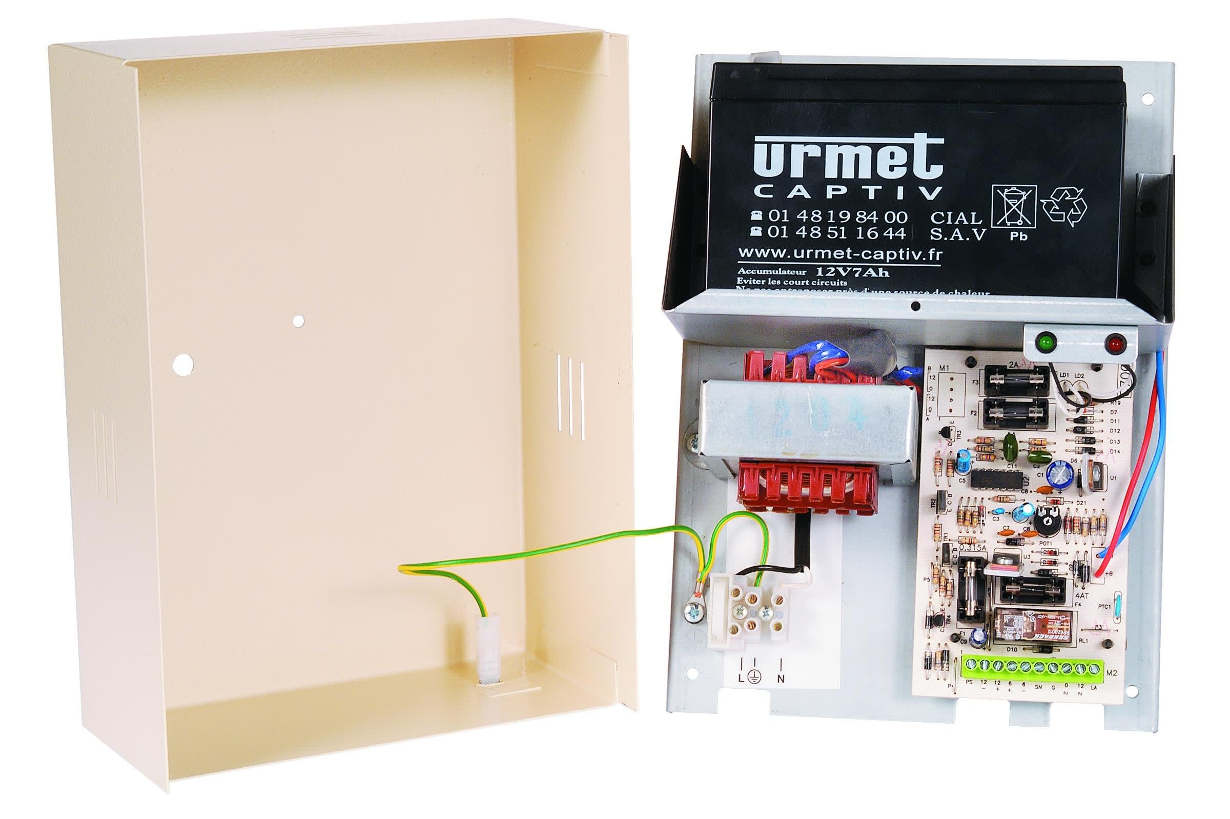 Urmet - Alimentation secours audio 5 fils 12V, boîtier tôle, batterie 7 Ah, 230V.