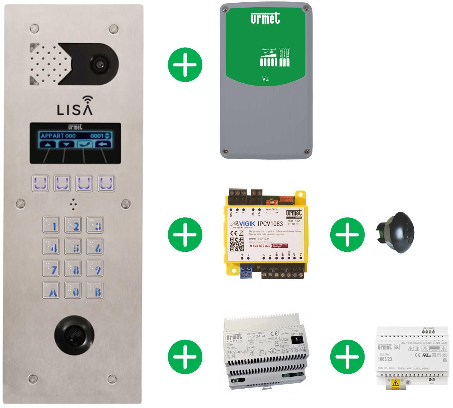Urmet - Pack Lisa : Platine 2 Lignes, Modem, IPCVP1083, T25VK2 (Alims Incluses)