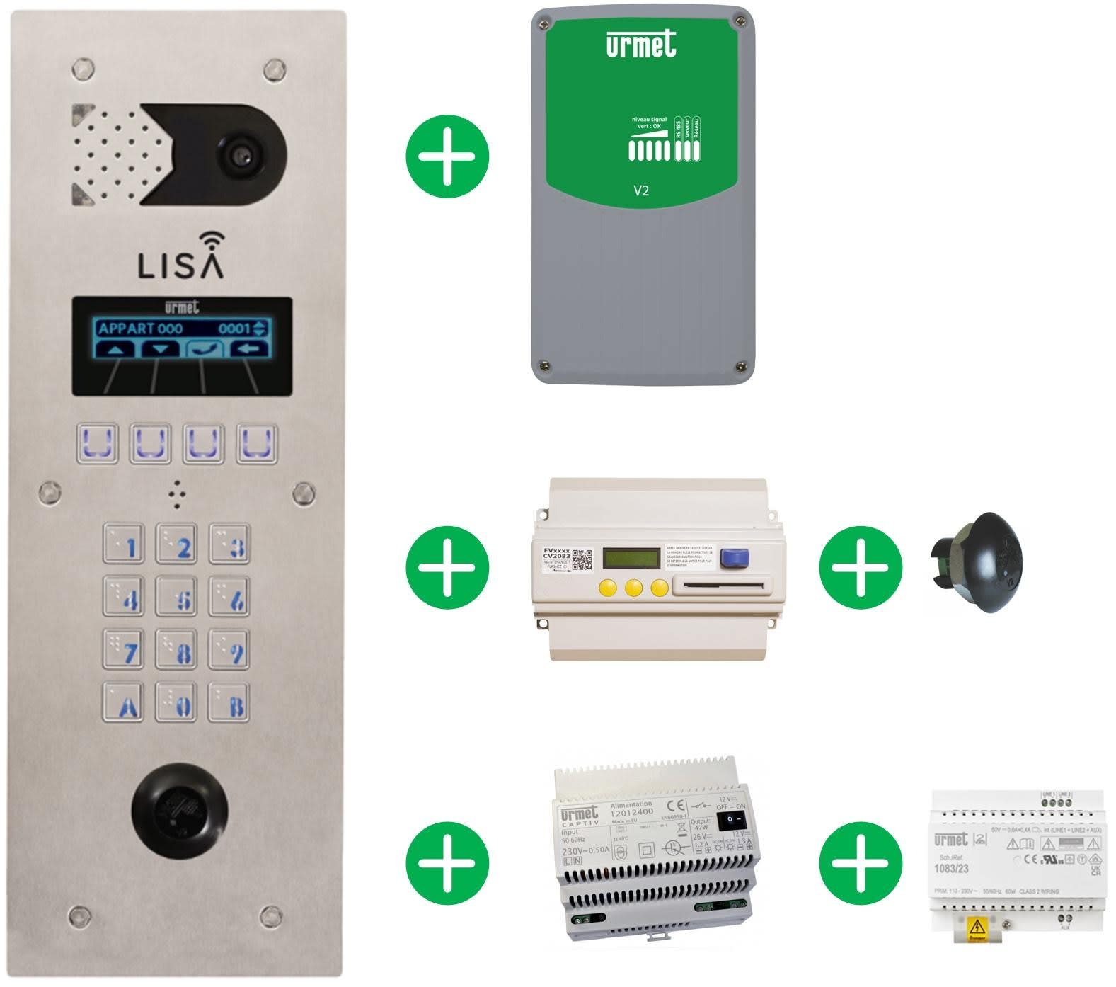 Urmet - Pack Lisa : Platine 2 Lignes, Modem, IPCVP4083, T25VK2 (Alims Incluses)