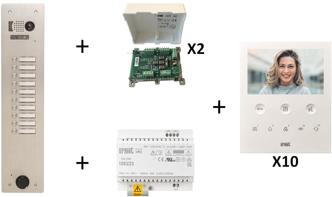 Urmet - Kit Vidéo Préprogrammé, 2Voice, Platine Et Moniteurs, 1 Rangée, 10 Boutons