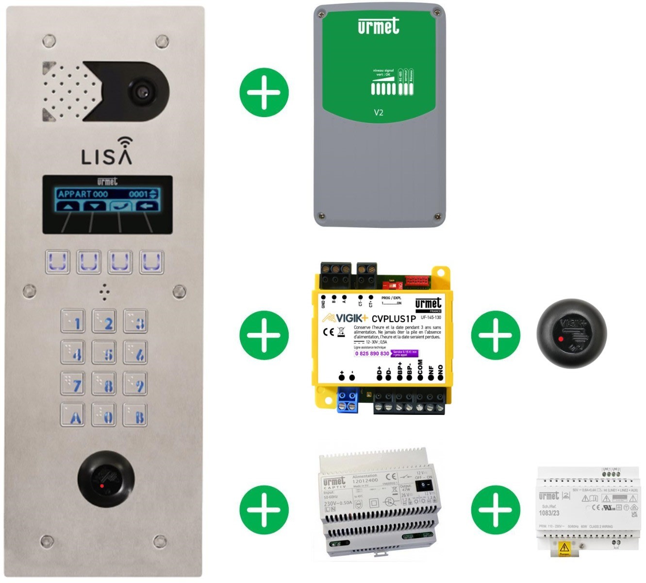 Urmet - Pack Lisa VGK+ : Platine 2 Lignes, Modem, IPCVPLUS1P, T25PLUS (Alims Incluses)