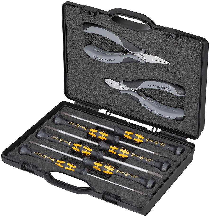 KNIPEX - Coffret compact d'un jeu de 2 pinces pour l'électronique ESD et 6 tournevis Wera