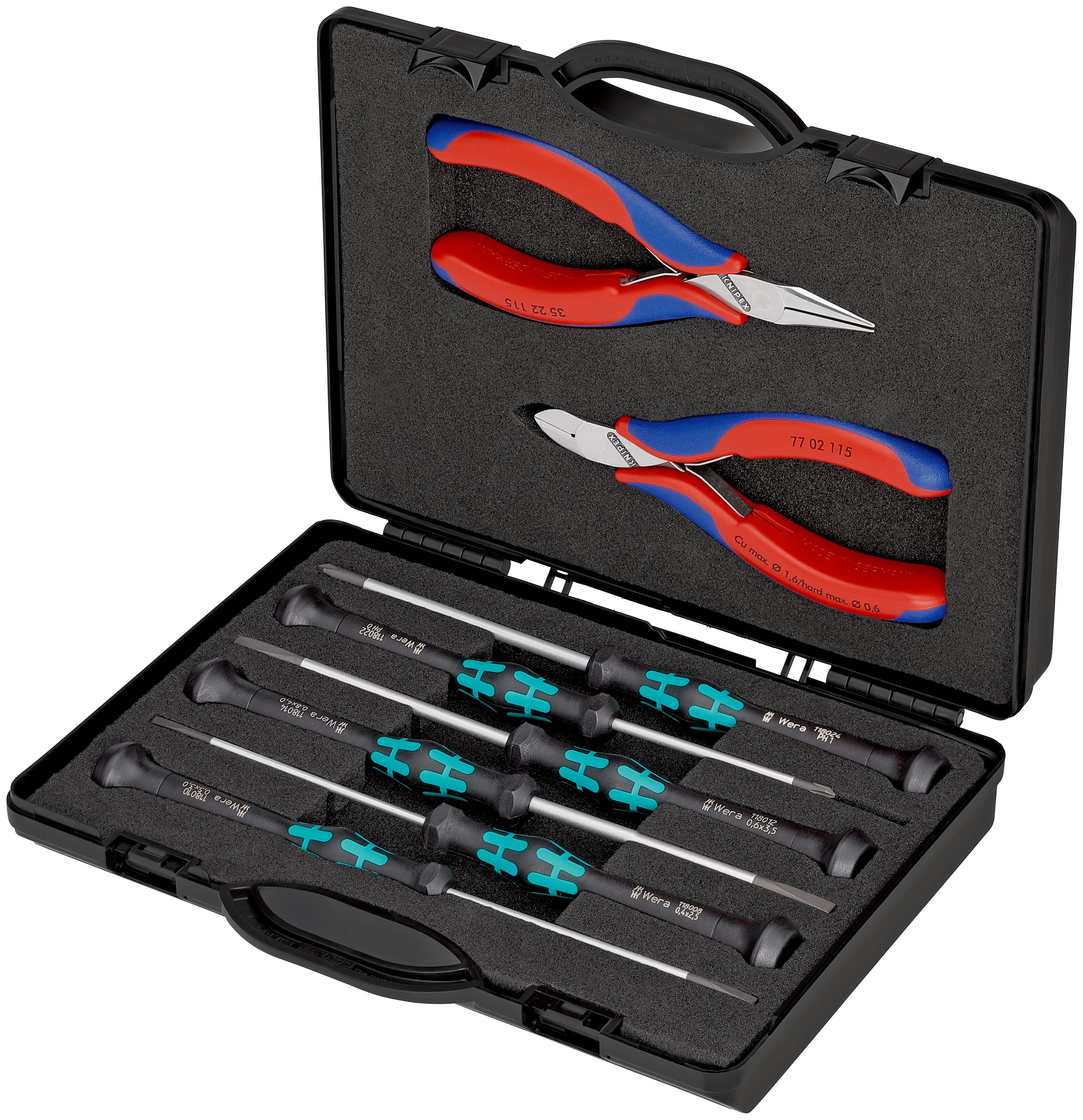 KNIPEX - Coffret compact d'un jeu de 2 pinces pour l'électronique et 6 tournevis Wera